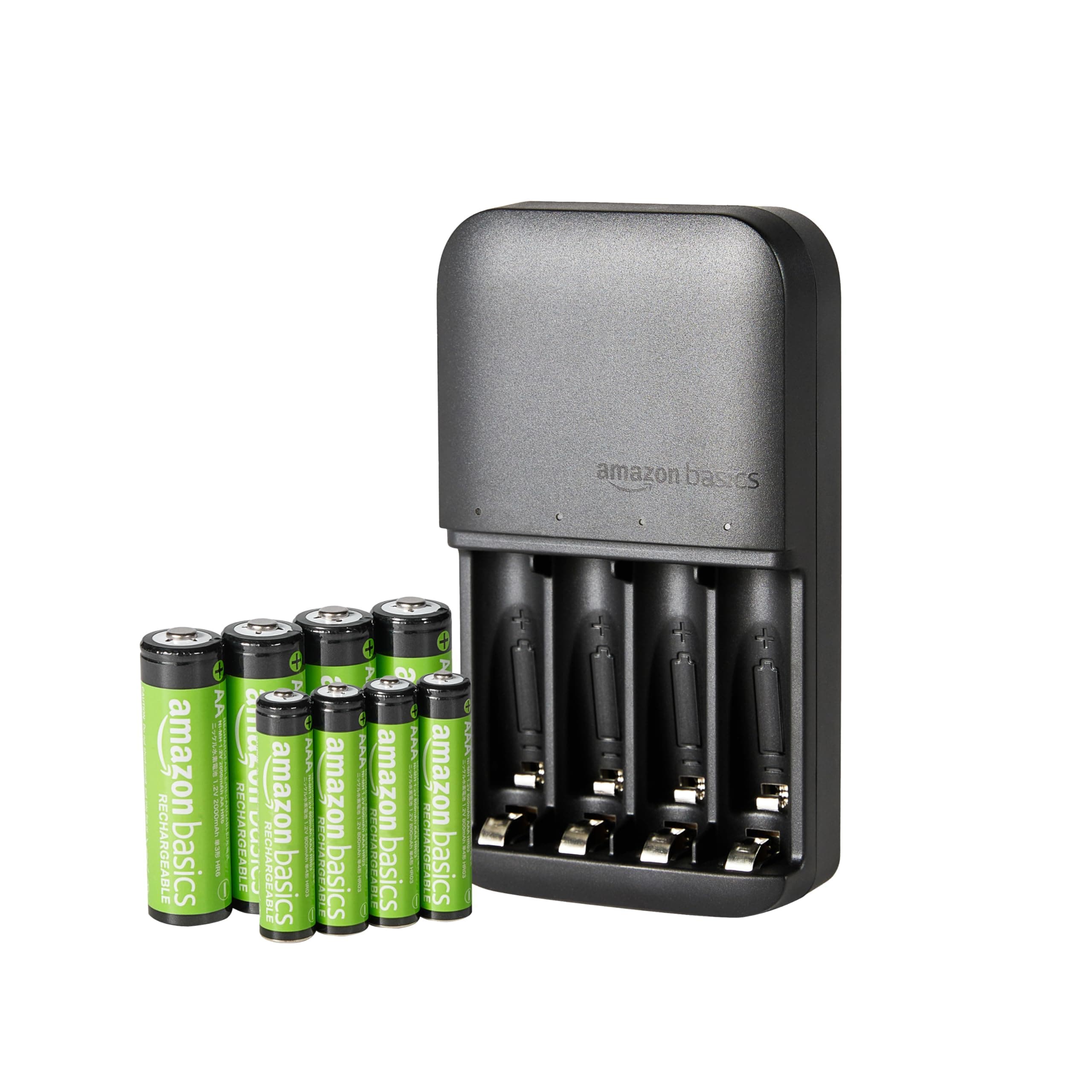 Amazon Basics pilas recargables NiMH, con cargador de pilas de 4 ranuras, enchufe de la UE, Paquete de 8 (4 AAA 800mAh + 4 AA 2000mAh), Negro