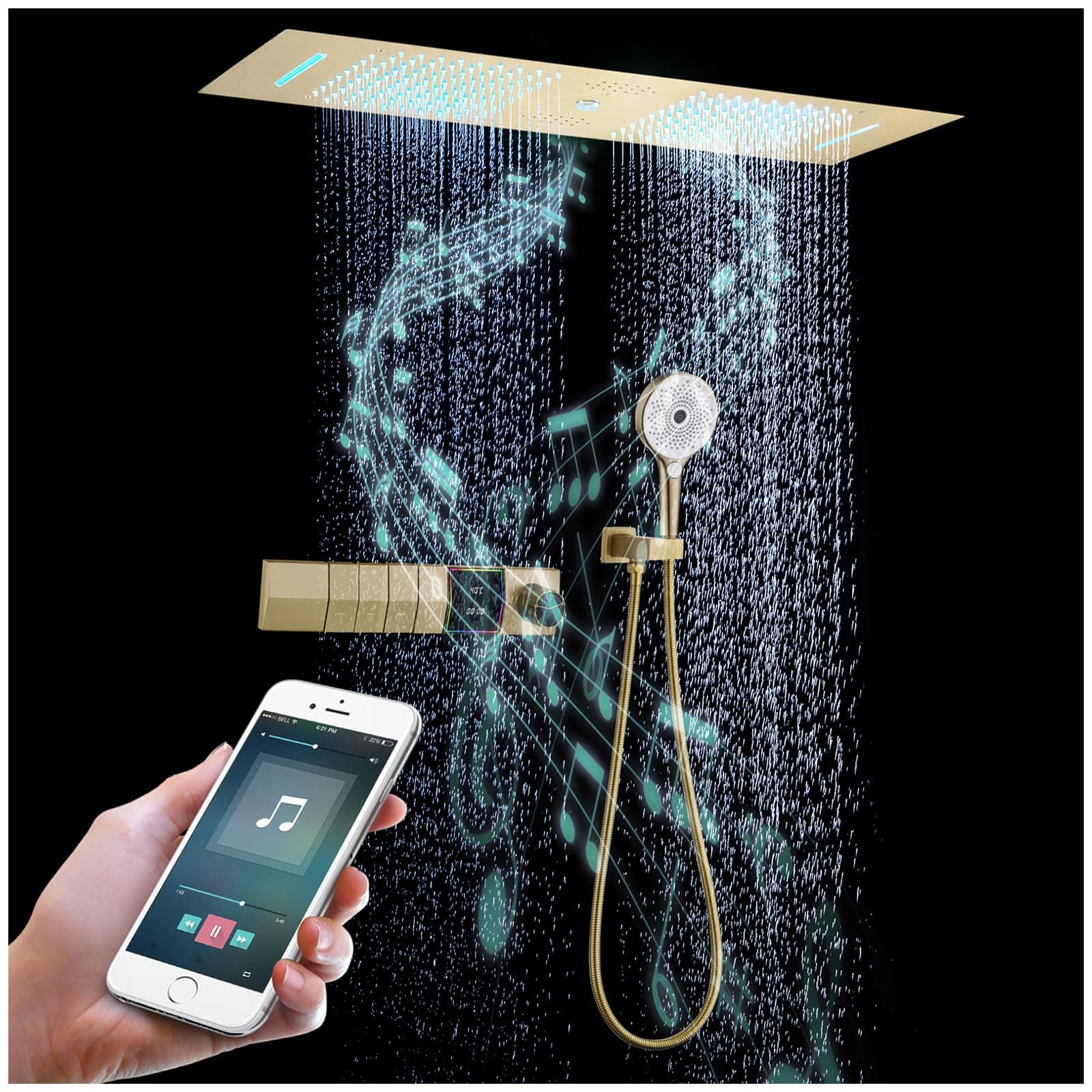 Colonne De Douche Thermostatique Musique, 300x900mm LED 64 Couleurs 4 Fonctions SystèMe De Douche EncastréE, Acier Inoxydable 304, Pluie, Cascade, Colonne D'Eau, Douchette 3 Fonctions（Or Brossé）