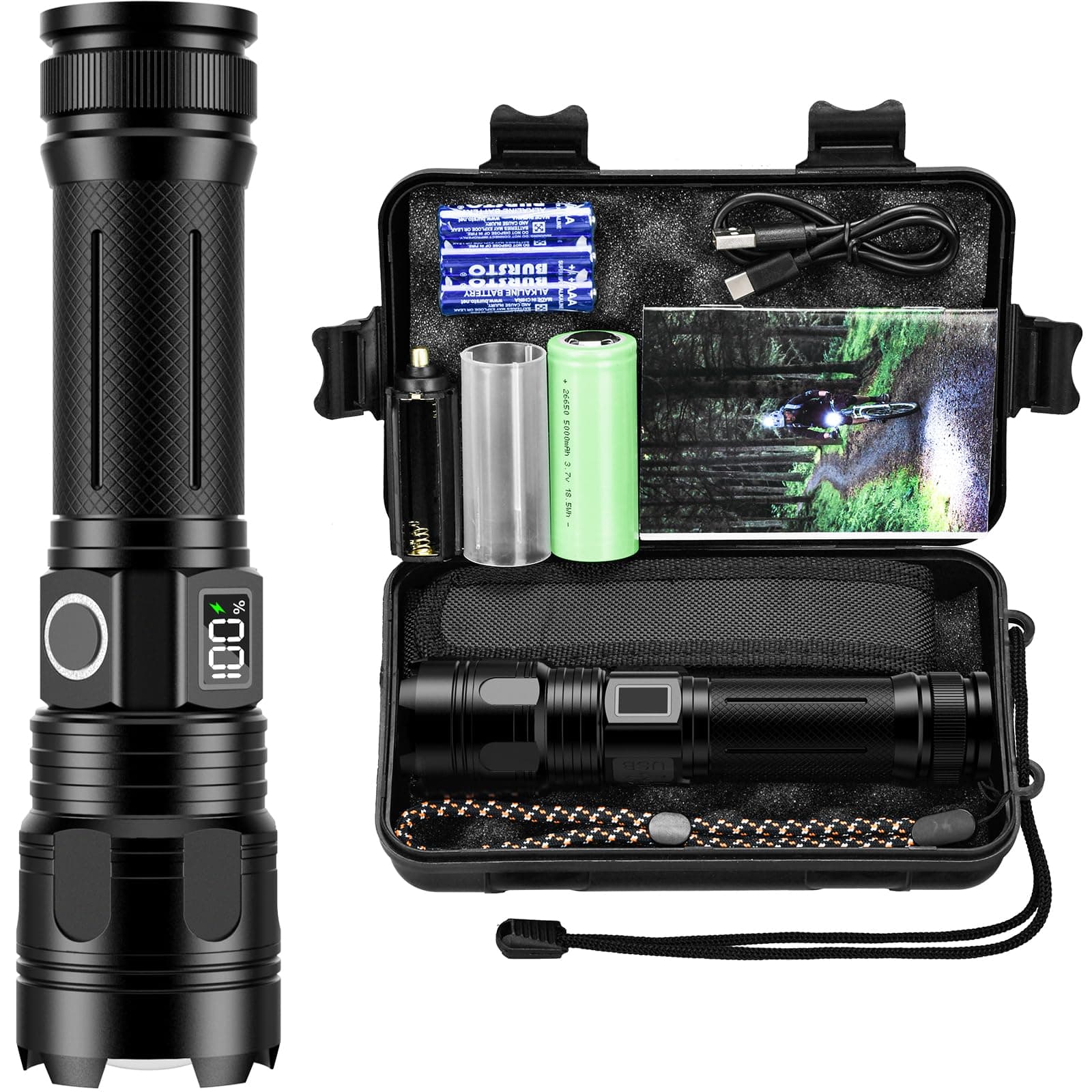 Akdomart Torcia LED Potente Professionale 500000 Lumen, Torcia LED Ricaricabile con Batteria da 5000mAh, Zoomable 5 Modalità Torcia Militare, IP67 Impermeabile Torcia Tattica AK-01 (nero)