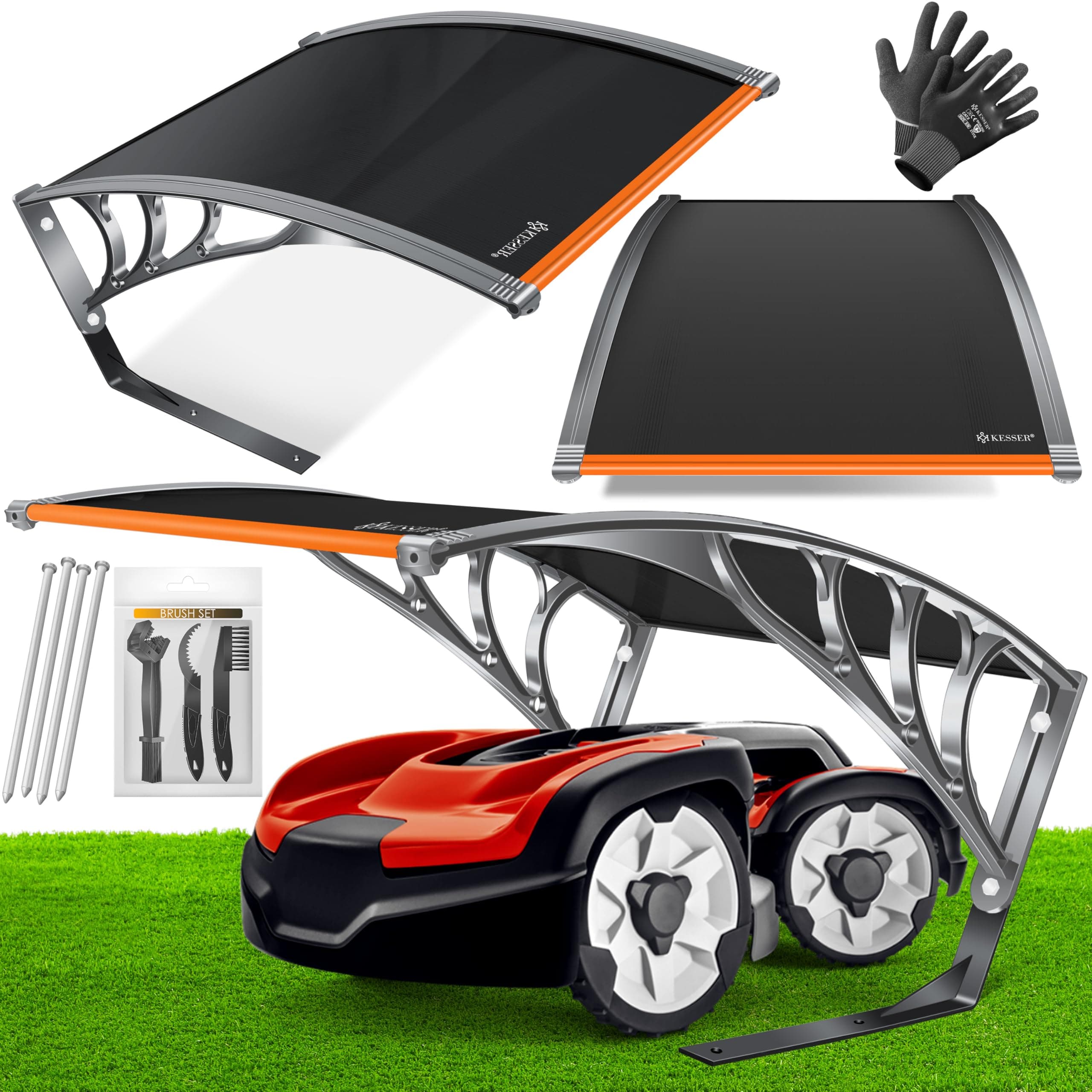 KESSER® Mähroboter Garage Dach Carport Überdachung für Rasenmäher Rasenroboter Automower Garten Witterungsbeständig Mährobotergarage inkl. Handschuhe & Brushset, Maße 82x103x47cm, Schwarz/Orange