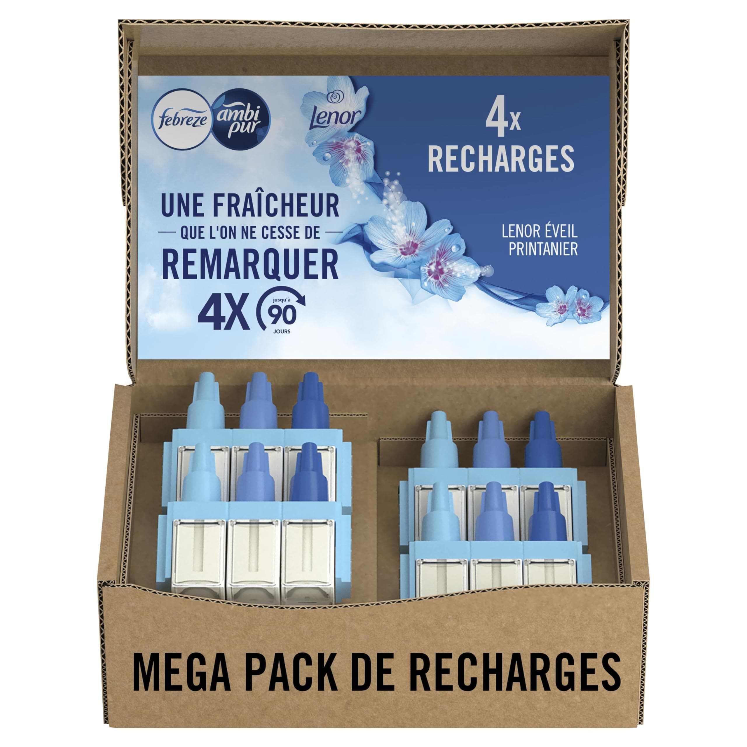 Febreze Désodorisant Électrique, Méga Pack de Recharges (4 Recharges de 20ml avec 3 Parfums en Alternance), Parfum Eveil Printanier de Lenor, Combat les Odeurs en Continu, Fraîcheur Jusqu'à 90 Jours