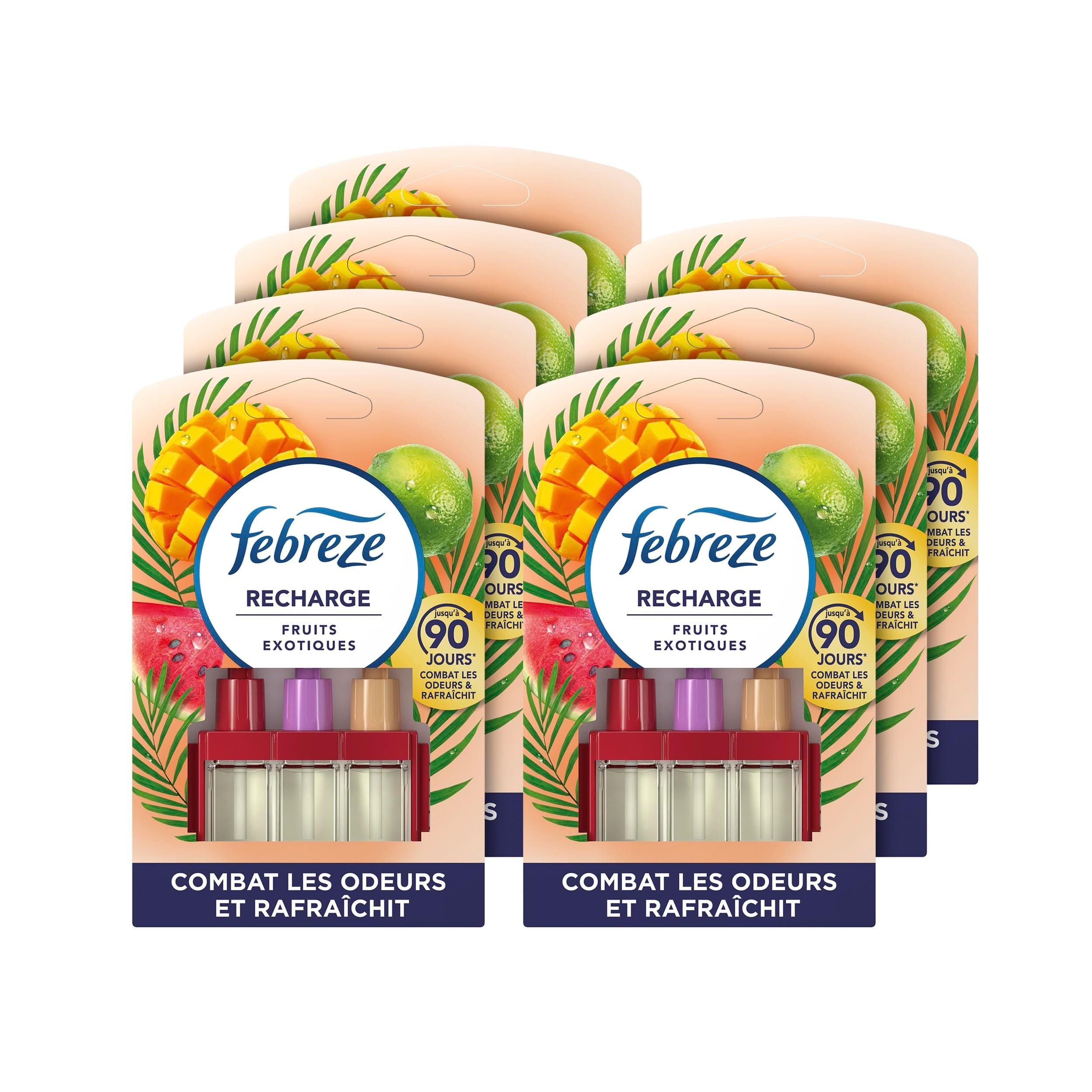 Febreze Désodorisant Électrique, 7 Recharges (20ml avec 3 Parfums en Alternance), Parfum Fruits Exotiques, Combat les Odeurs en Continu, Fraîcheur Jusqu'à 90 Jours