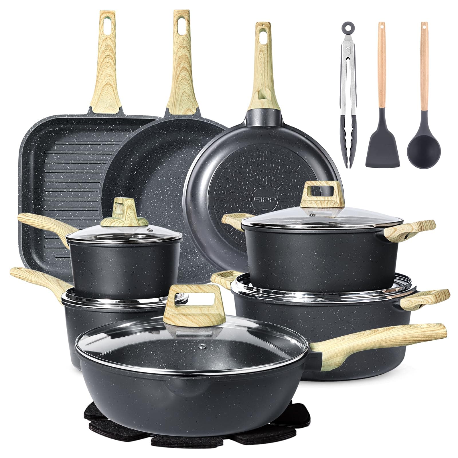 GiPP Set di Pentole e Padelle con Rivestimento Antiaderente - 21 Pezzi Induzione Set di Pentole, Batteria da Cucina Atossica, Adatta a Diversi Tipi di Fornelli