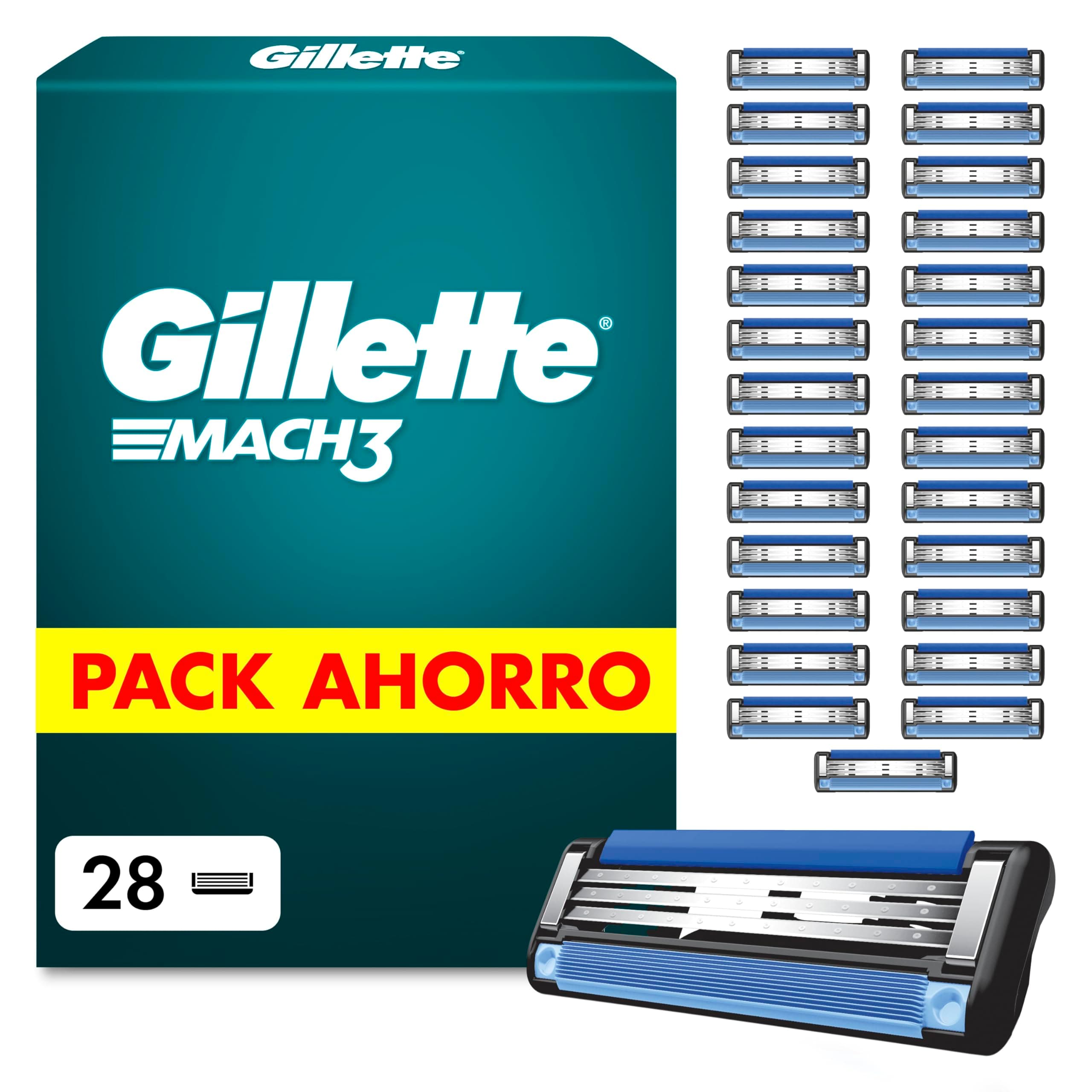 Gillette Mach3 Base Recambios para Maquinillas de Afeitar para Hombre, Pack de 28 Cuchillas de Afeitar con 3 Hojas Y Banda Lubricante, Compatible con Todos Los Mangos Mach3