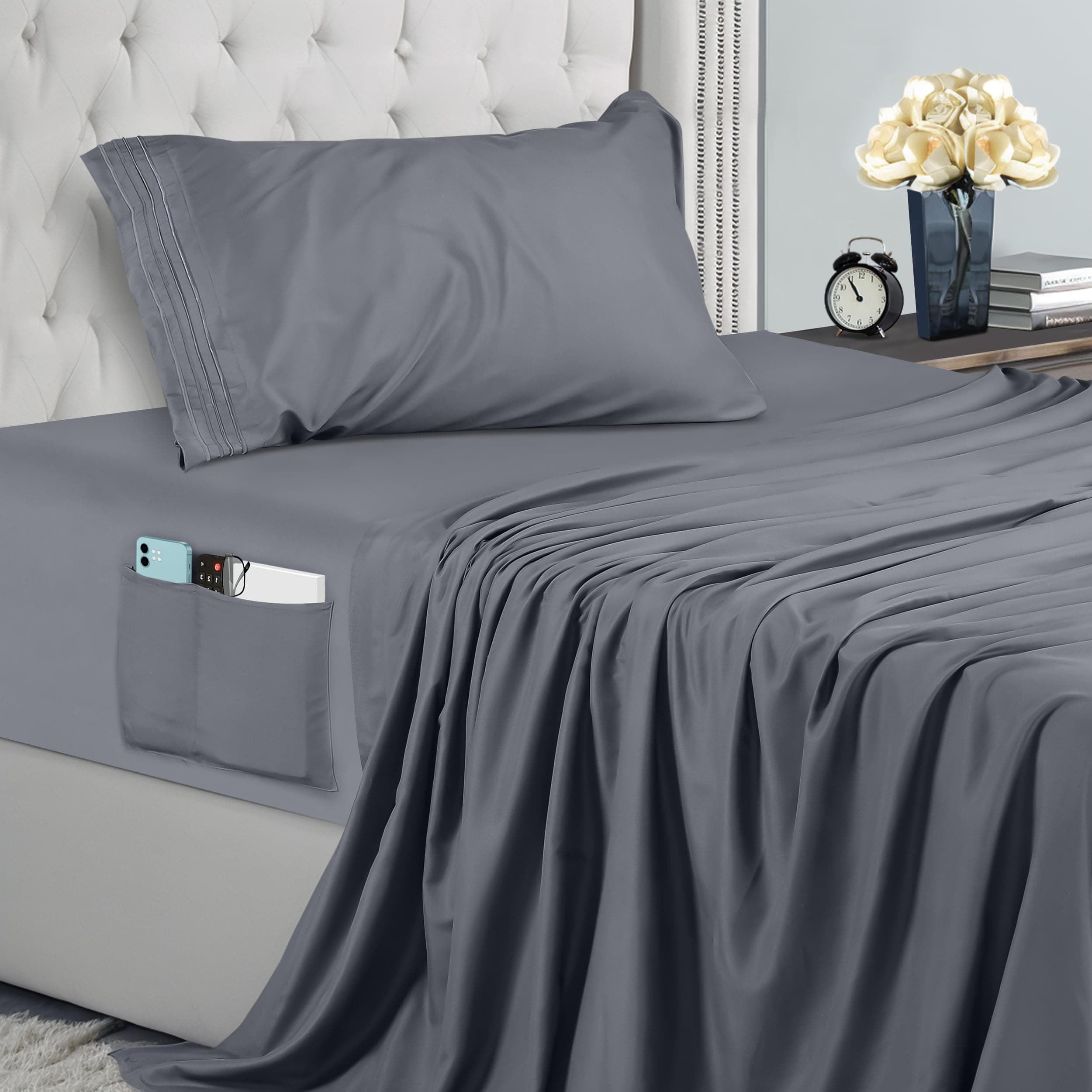 Utopia Bedding Juego de Sabanas 3 Piezas 90x190 - Microfibra De Poliéster, Sábana Bajera con Bolsillos de Almacenamiento, Sábana Plana Y 1 Funda De Almohada Bordadas (Cama 90, Gris)