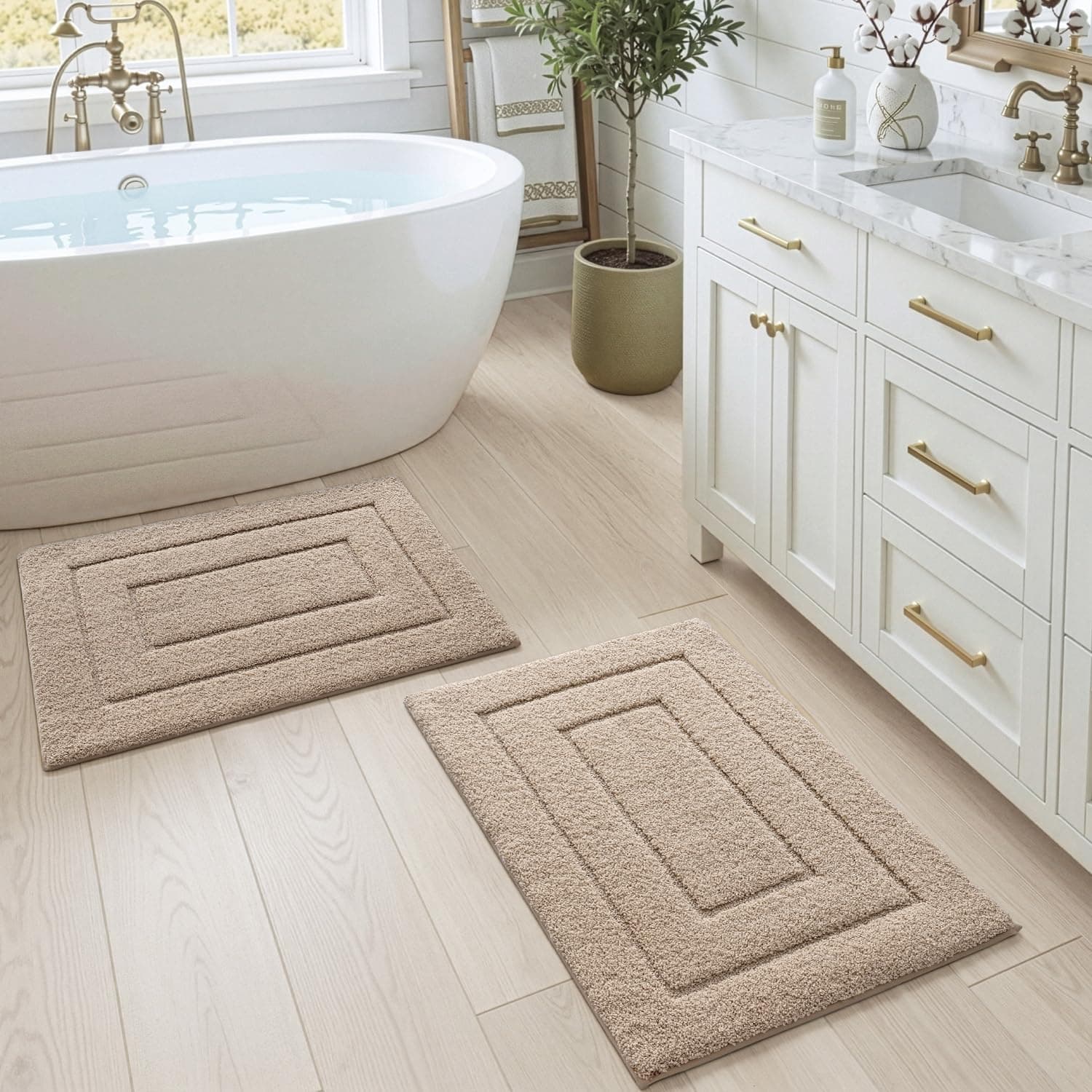DEXI Tapis Salle de Bain 2 Pièces 50 x 80 cm, Antidérapant, Moelleux en Microfibre, Absorbant l'eau, Lavable en Machine, Extra Epais, pour Douche, Baignoire, Beige