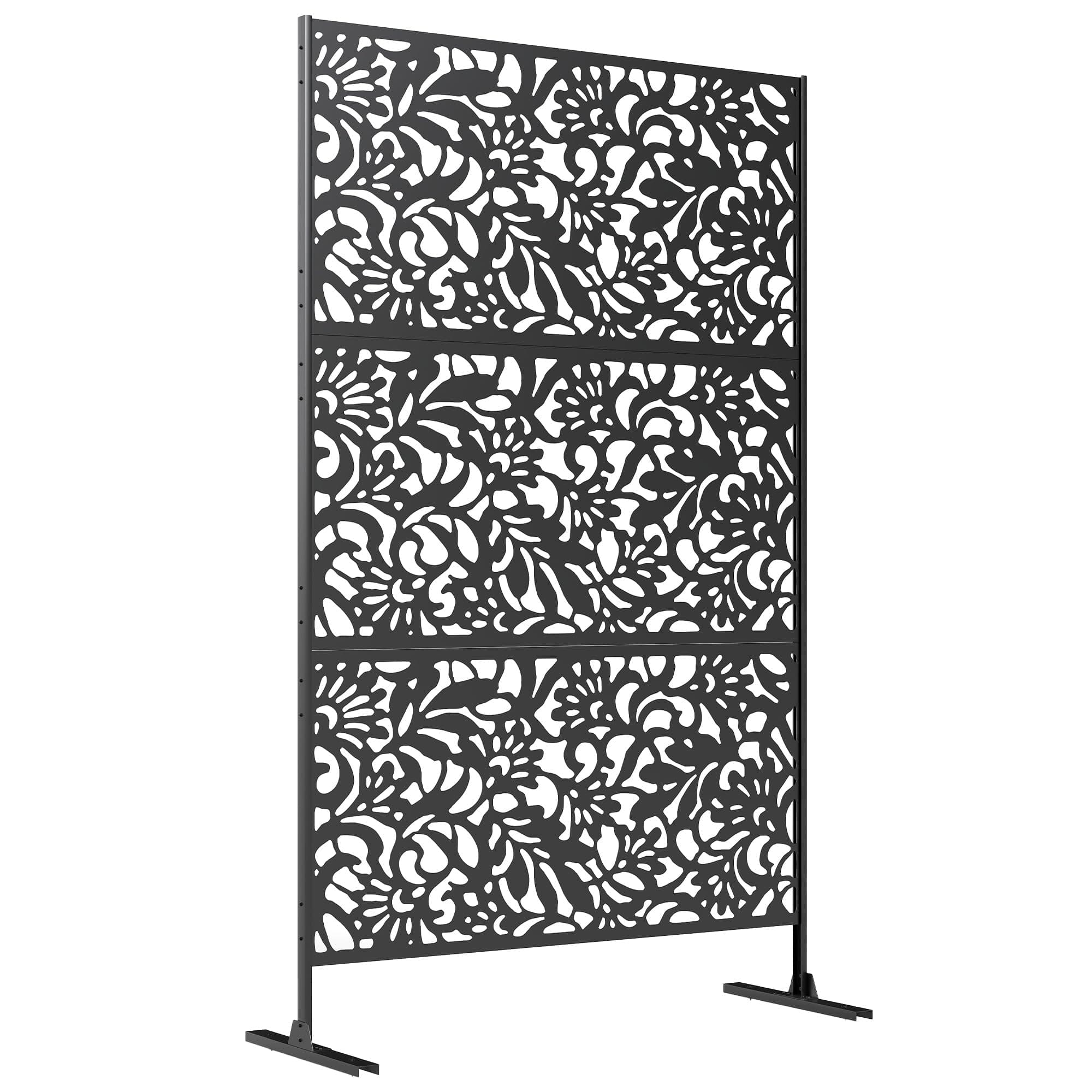 Outsunny Panneau Brise Vue décoratif Extérieur Claustra Décoratif Jardin 3 Panneaux à Motif Floral paravent extérieur avec Support en Acier galvanisé 122 x 45 x 198 cm, Noir