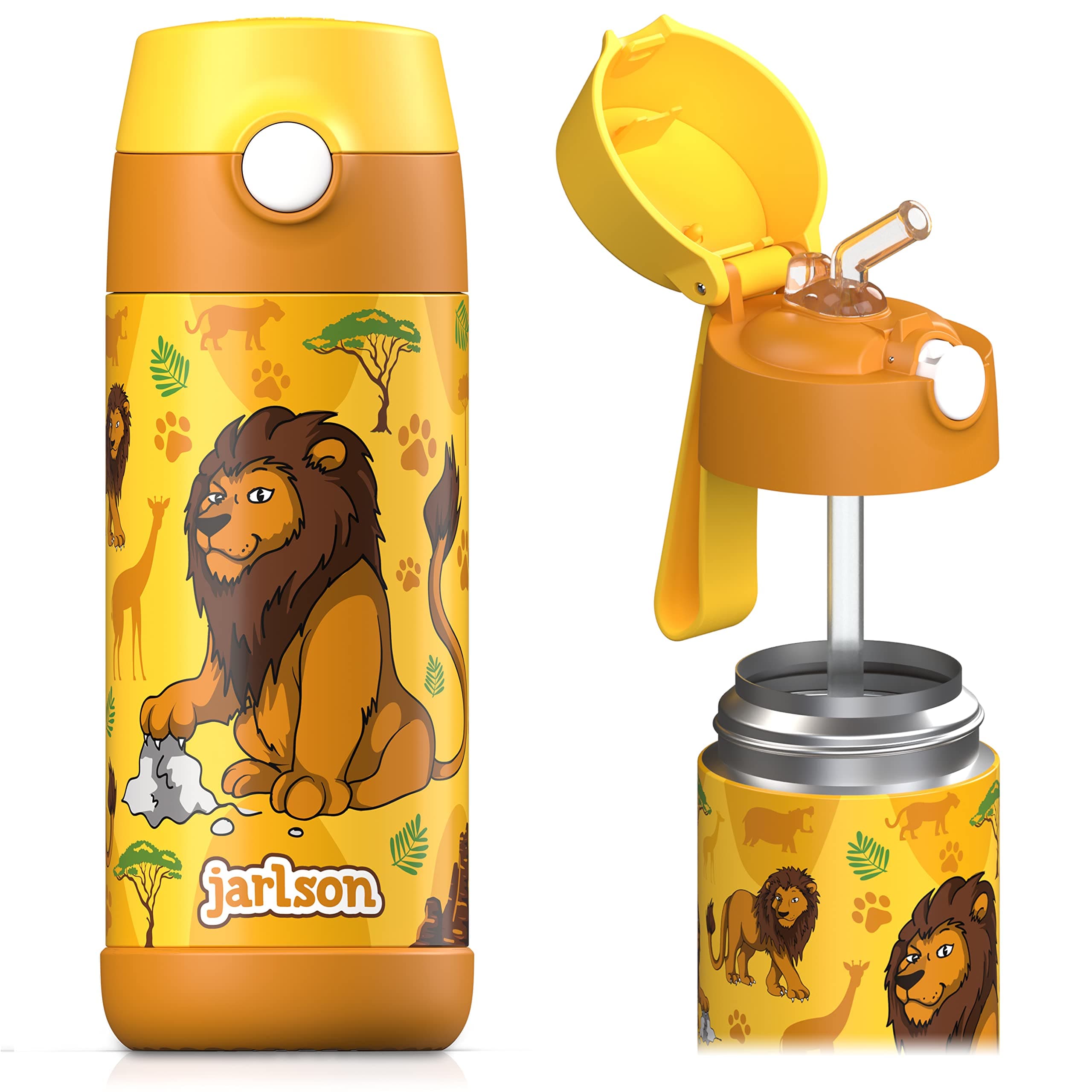 Jarlson® Borraccia Termica Bambini 350ml CHARLI [CON CANNUCCIA] - Bottiglia Acciaio Inox - Termos per Bambini e Bambine - Mantiene Freddo - Senza BPA - Ideale per Scuola, Sport e Viaggi (Leone 2)