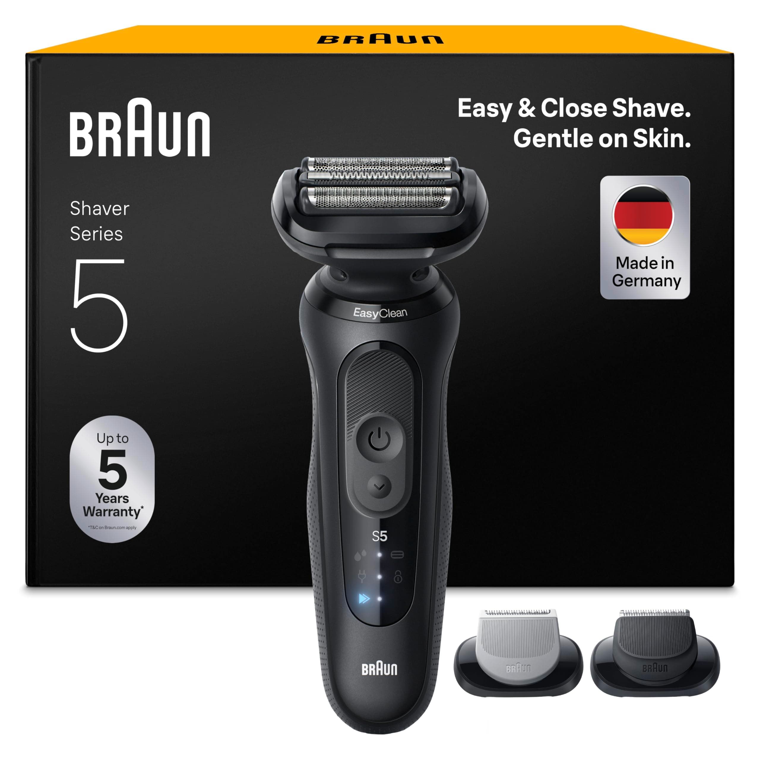 Braun Serie 5 Rasoio Elettrico Barba, Wet&Dry, Regolabarba Uomo, Rasoio Barba, 50 Min Di Utilizzo, +2 Accessori, Senza Fili, 100% Impermeabile, Regolabarba Braun, 52-N1650SI, Nero