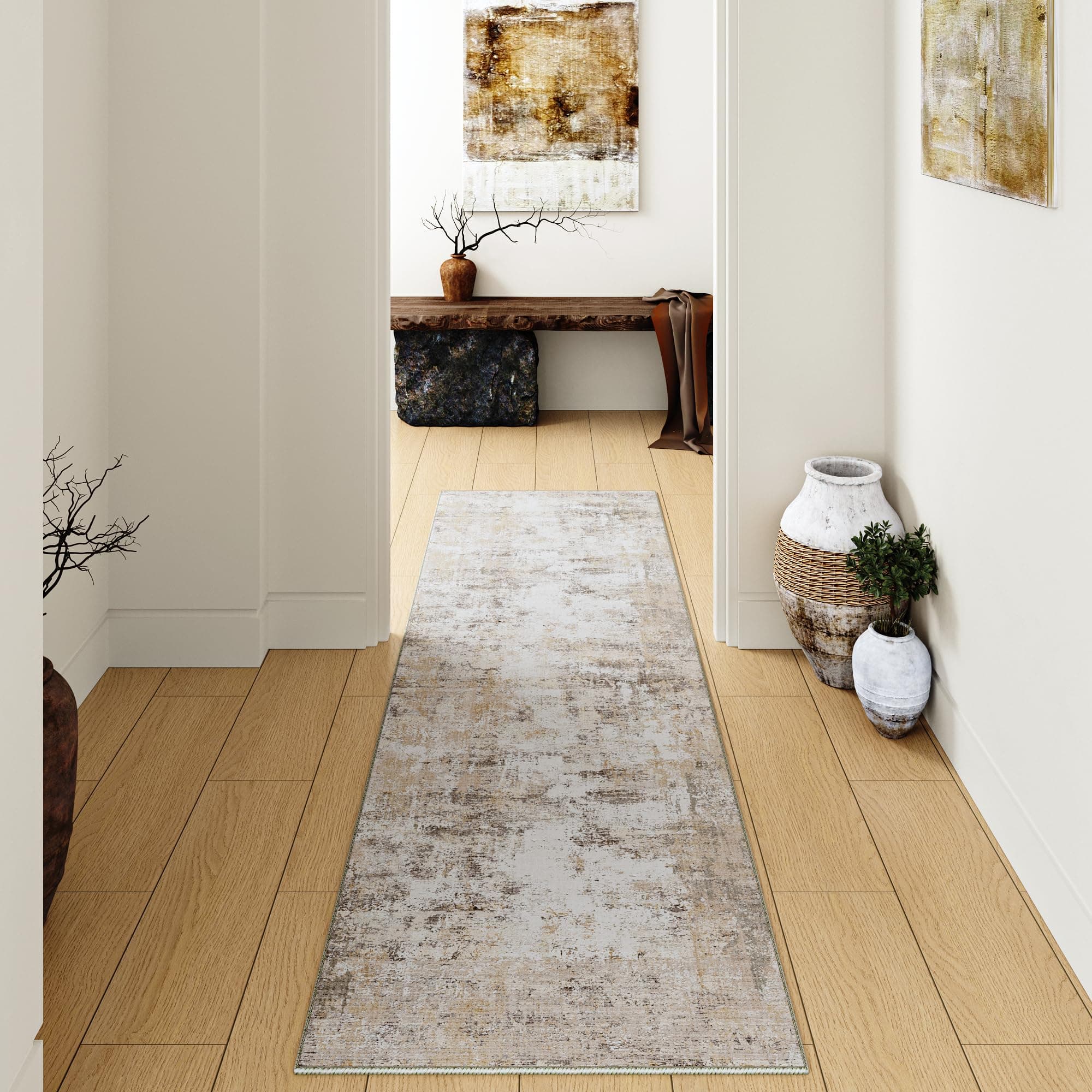 HUGEAR Tappeto Corridoio Lungo Beige Grigio Tappeti 60x240cm Lavabile in Lavatrice Antiscivolo Moderno Astratto Naturale Carpet Cucina Cameretta Scendiletto Camera da Letto Ufficio Pelo Corto