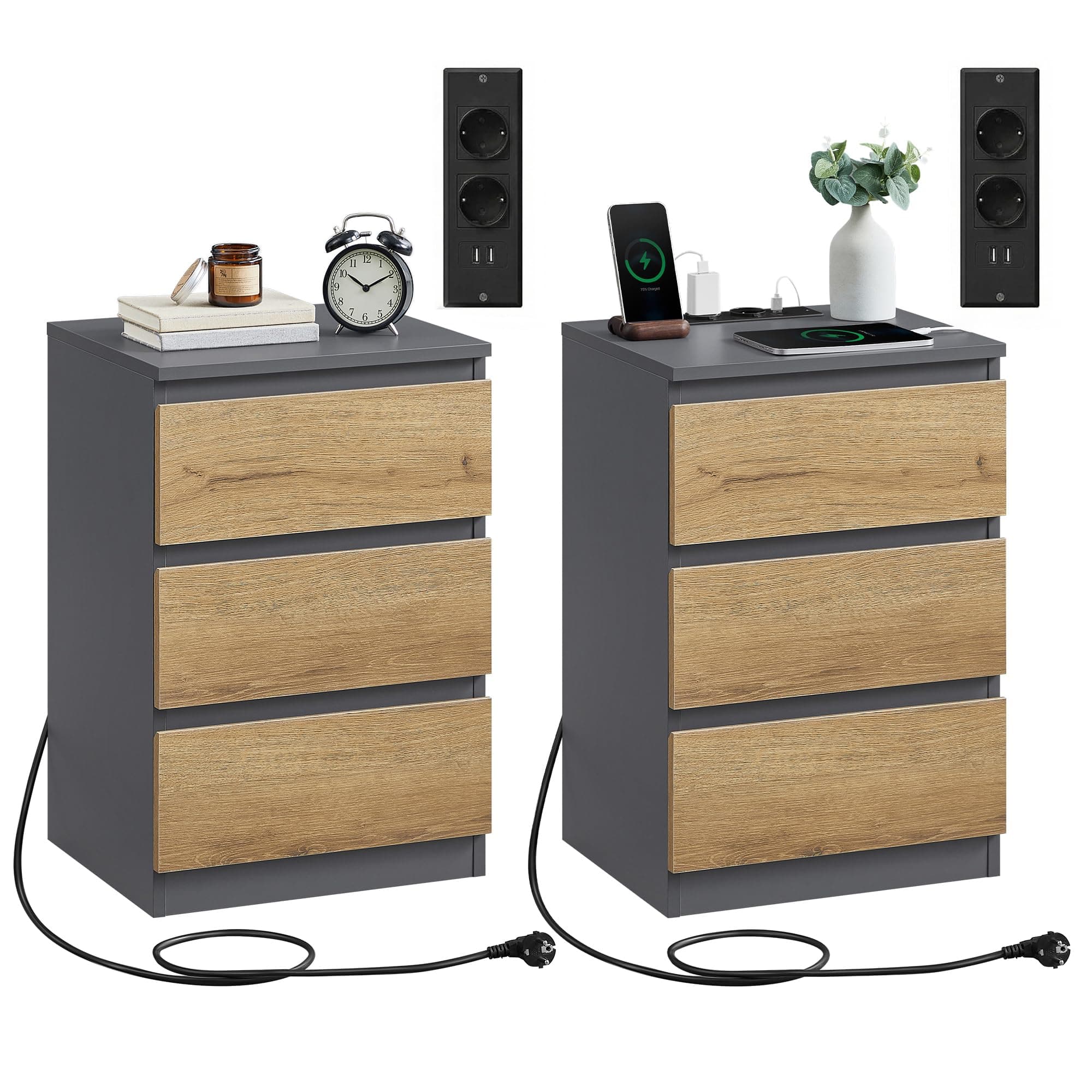 VASAGLE Kailyn Collection - Nachttisch mit Steckdosenleiste, 2er Set, Beistelltisch, 3 Schubladen, 2 AC-Steckdosen, 2 USB-A-Anschlüsse, modern, schiefergrau-naturbraun LET831G01