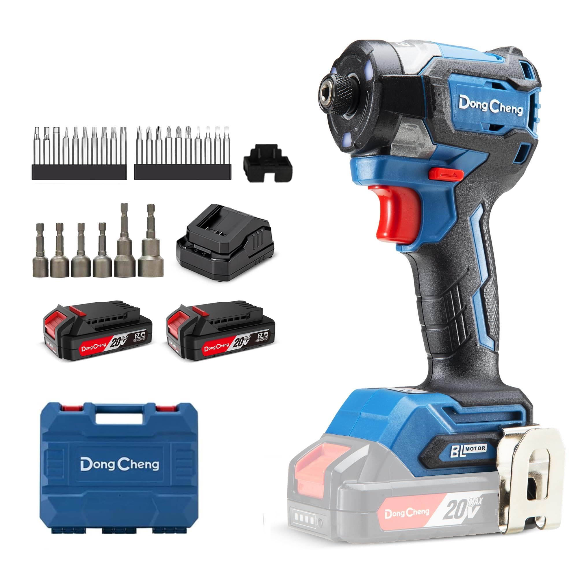 Atornillador de Impacto Dong Cheng 18V sin Escobillas, 208Nm, Modo Autoperforante, 3200 rpm, 4300 ipm, Portabrocas Hex 1/4", 3 Velocidades, con 2 Baterías de 2.0 Ah