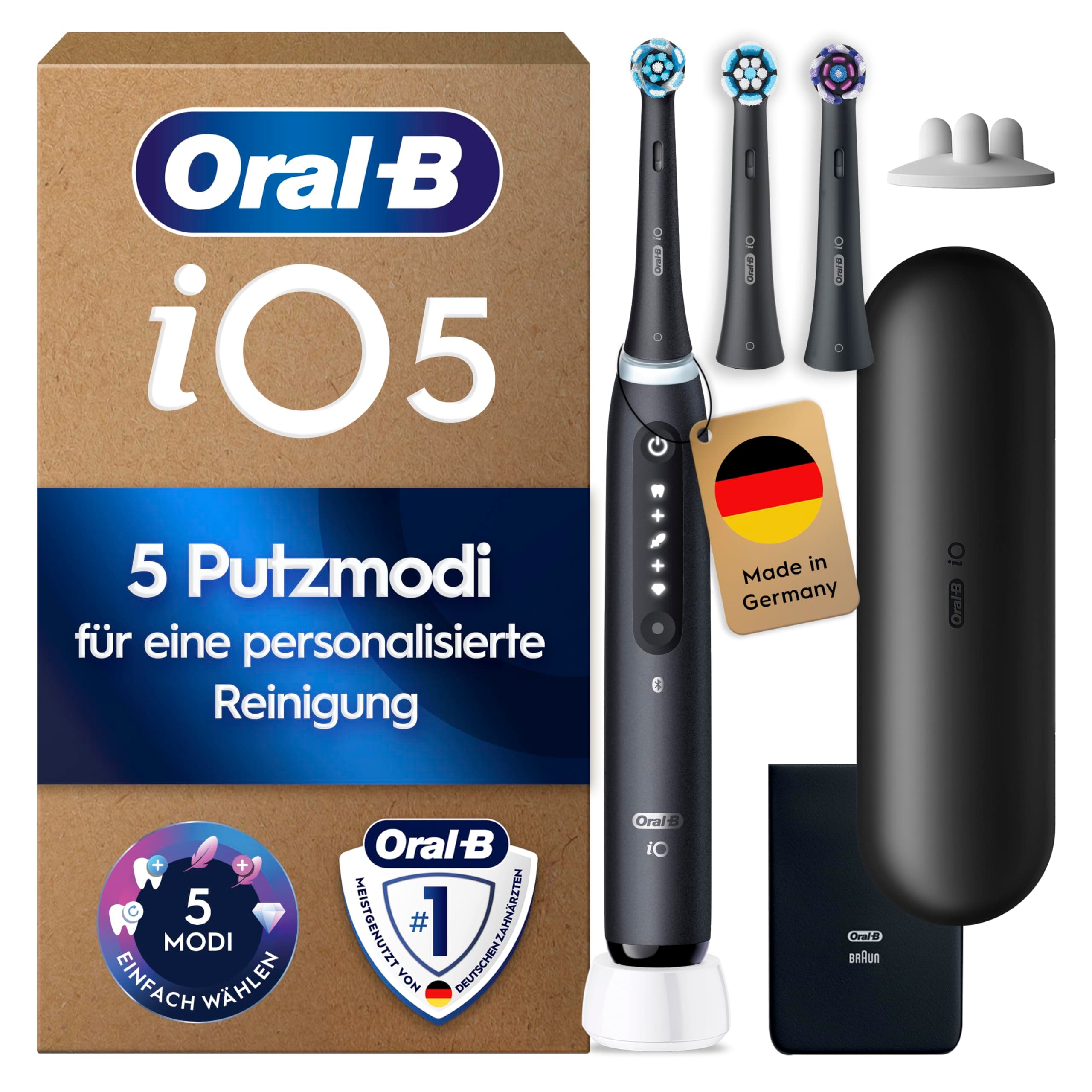 Oral-B iO Series 5 Plus Edition Elektrische Zahnbürste mit 3 Aufsteckbürsten, Schwarz - Electric Toothbrush, Inkl. Reise-Etui Und 5 Putzmodi für Zahnpflege, Designed by Braun