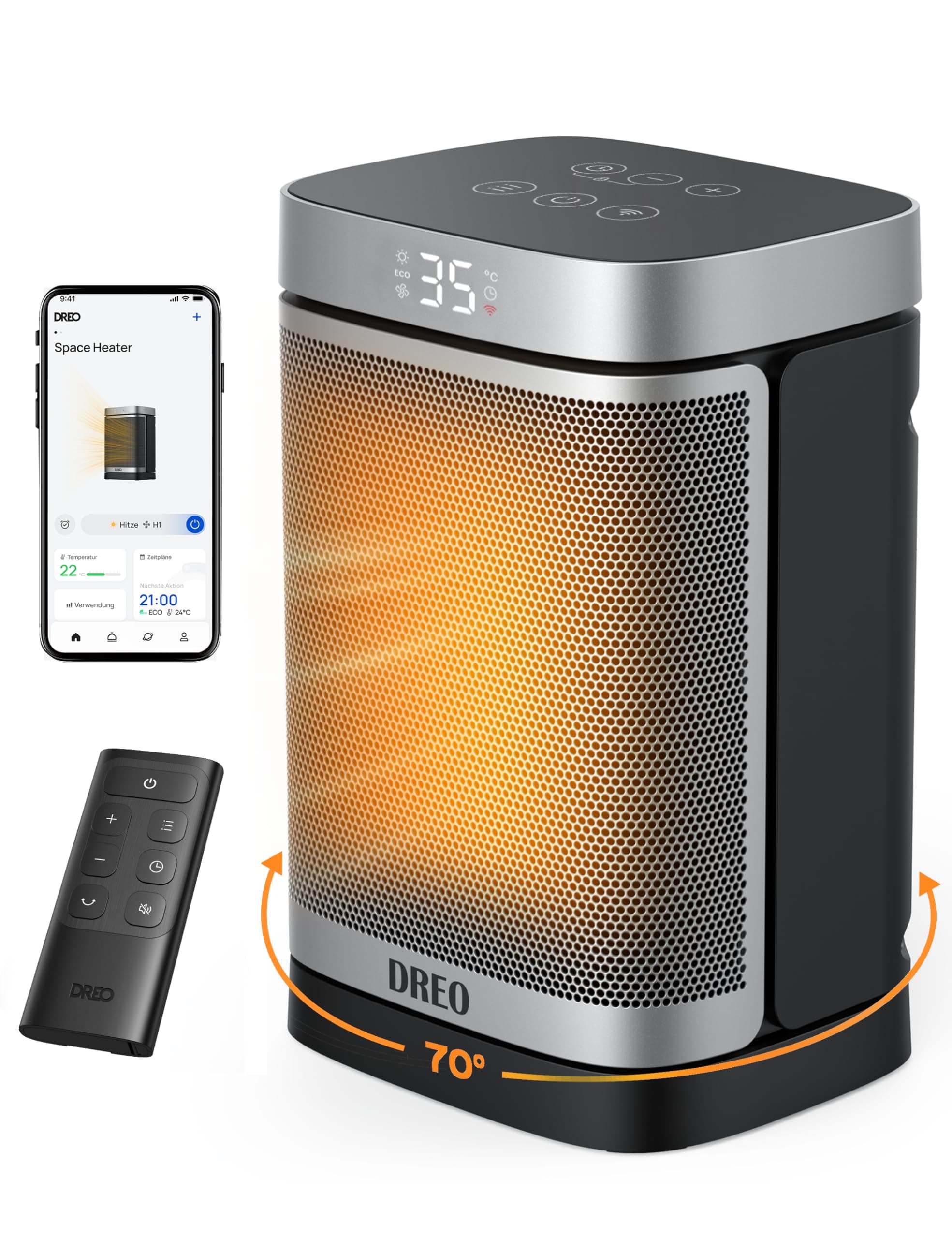 Calefactor Inteligente Dreo de 1500W para Interiores: Calefactor portátil con oscilación de 70°, compatible con WiFi, Alexa y Google Assistant, con termostato y control remoto