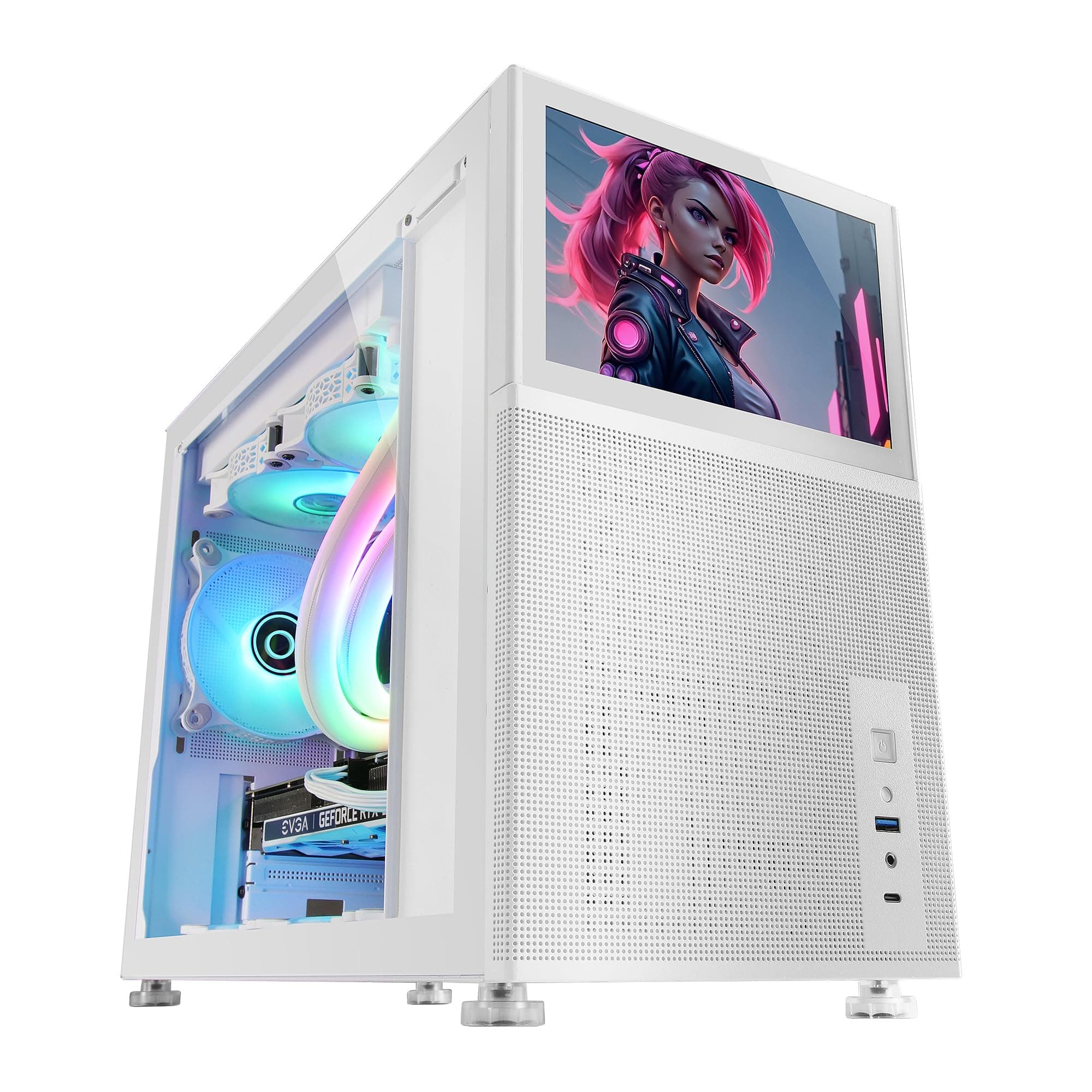 Mars Gaming MC-LCD, Caja PC Compacta Micro-ATX, Pantalla LCD IPS 8", Rejilla Mesh Lateral, Superior y Frontal, Ventana Lateral Cristal Templado, Minitorre Gaming con Diseño de Panel Modular, Blanco