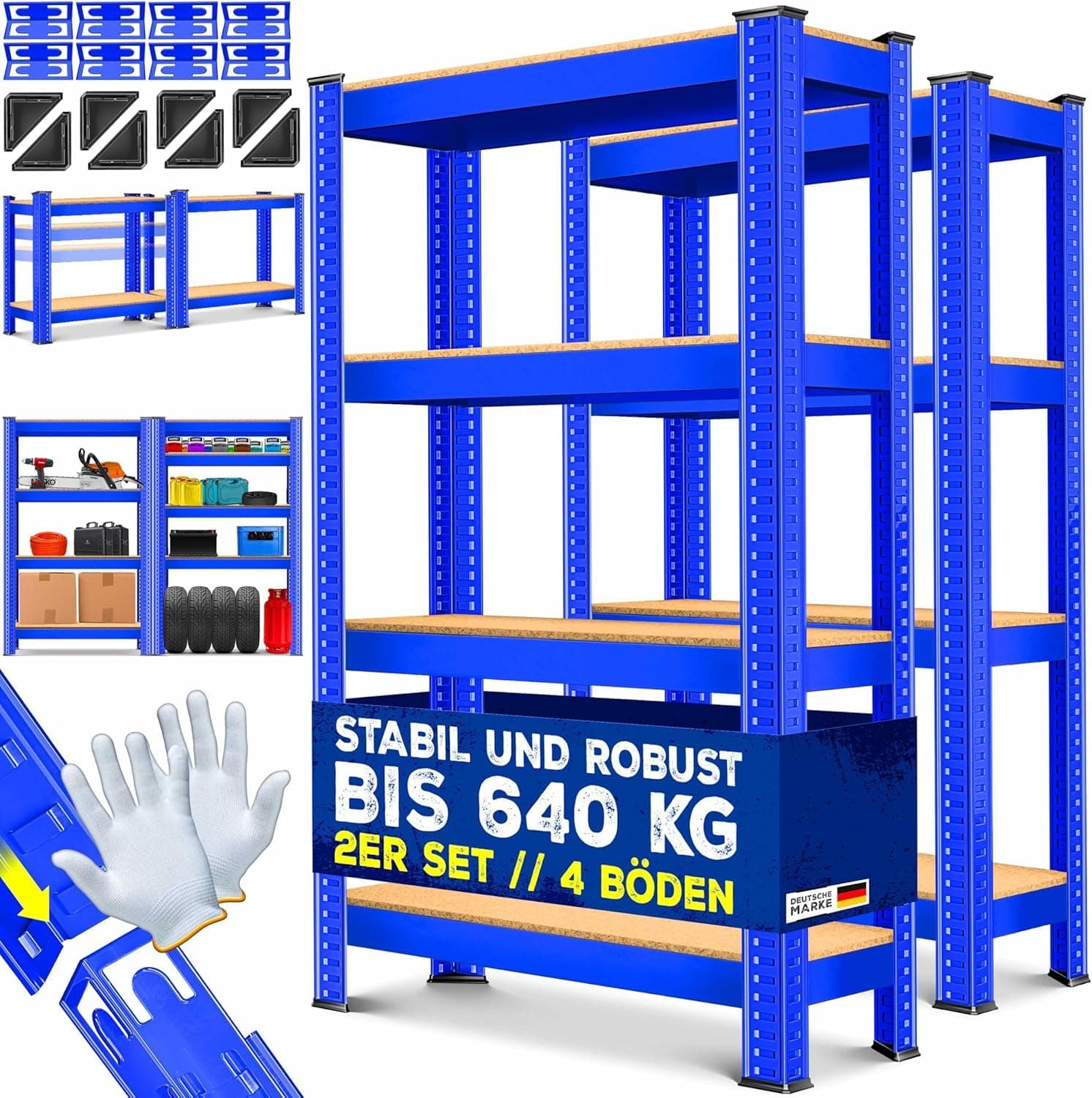 MASKO® Lot de 2 étagères de stockage, pour charges lourdes, charge maximale 700 kg, enfichable, atelier, cave, garage, 2x 160x80x40cm 4-Böden, Blau