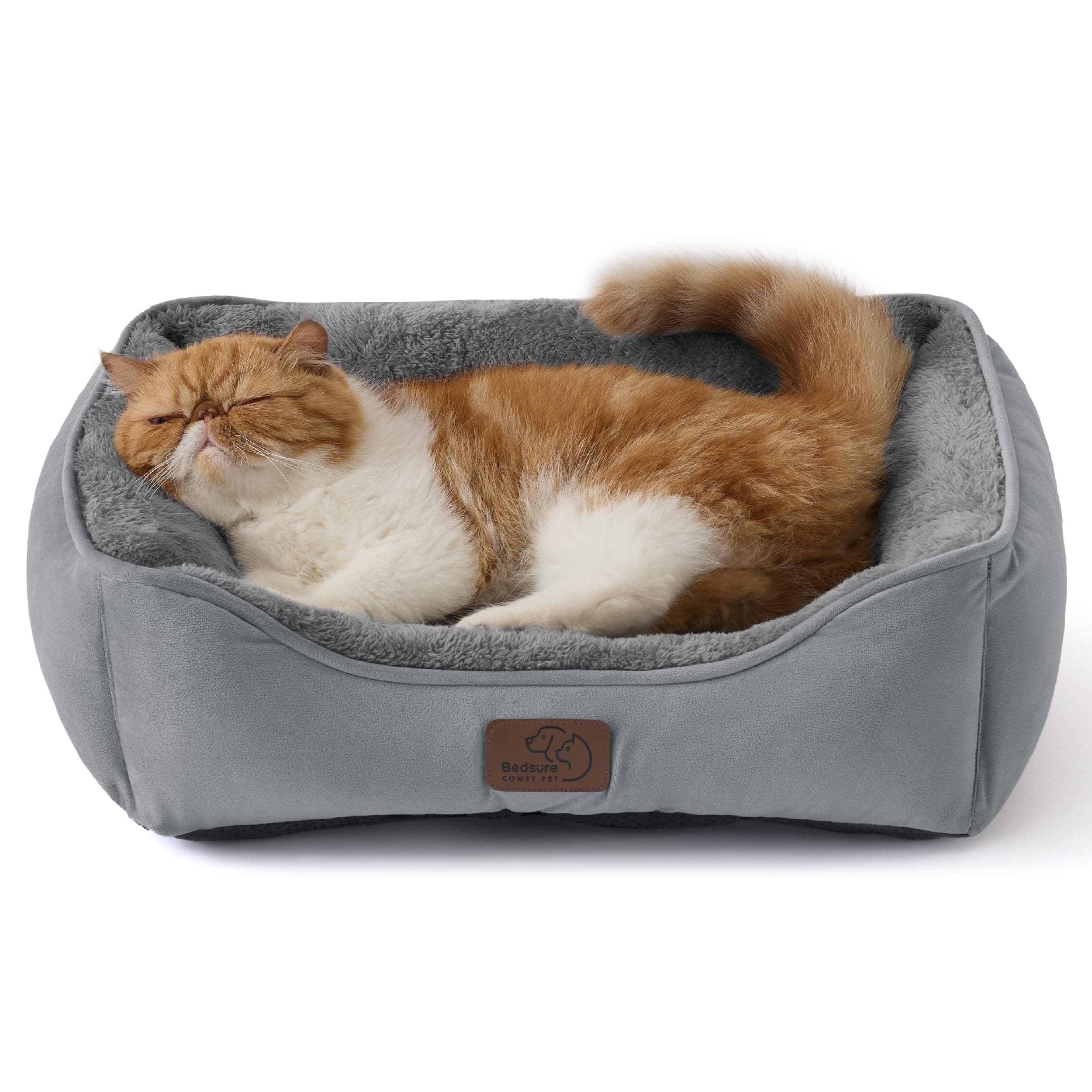 BEDSURE Katzenbett waschbar Katzen Bettchen - 51x41cm Katzenkorb Indoor mit Rutschfester Basis, quadratisches Hundebett für kleine Hunde mit weichem Rand, grau