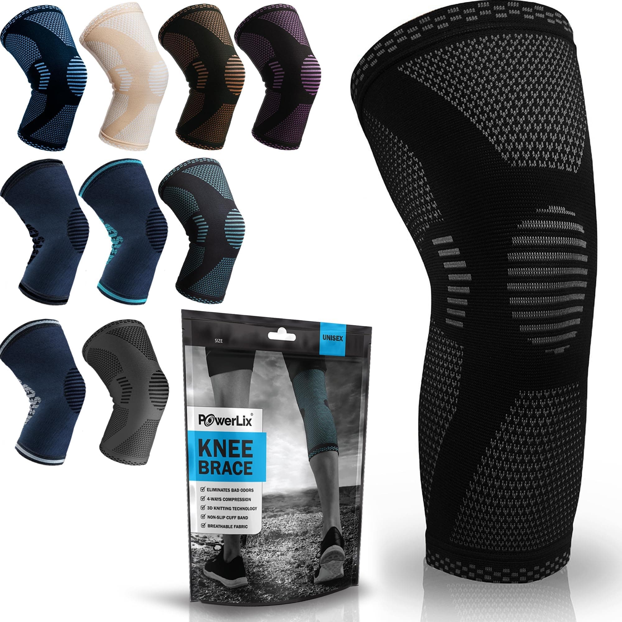 POWERLIX rodillera para mujeres y hombres, rodillera de compresión para artritis, dolor articular, lesión de ligamentos, desgarro de menisco, tendinitis, correr, sentadillas, deportes, Negro, L