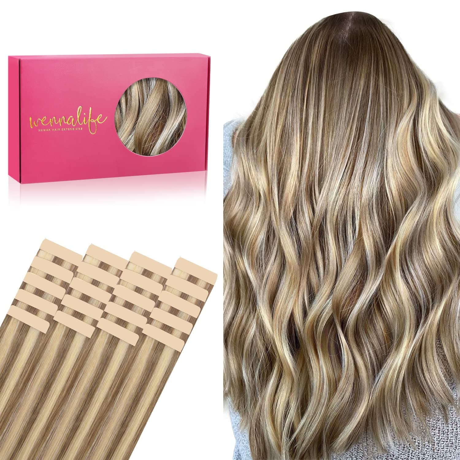 WENNALIFE Extension Capelli Veri Biadesivo, 20pz 40cm 50g Castano Cenere con Riflessi Biondo Oro Extension Biadesive Capelli Veri Lisci Remy Tape in Hair Extensions Capelli Setosi