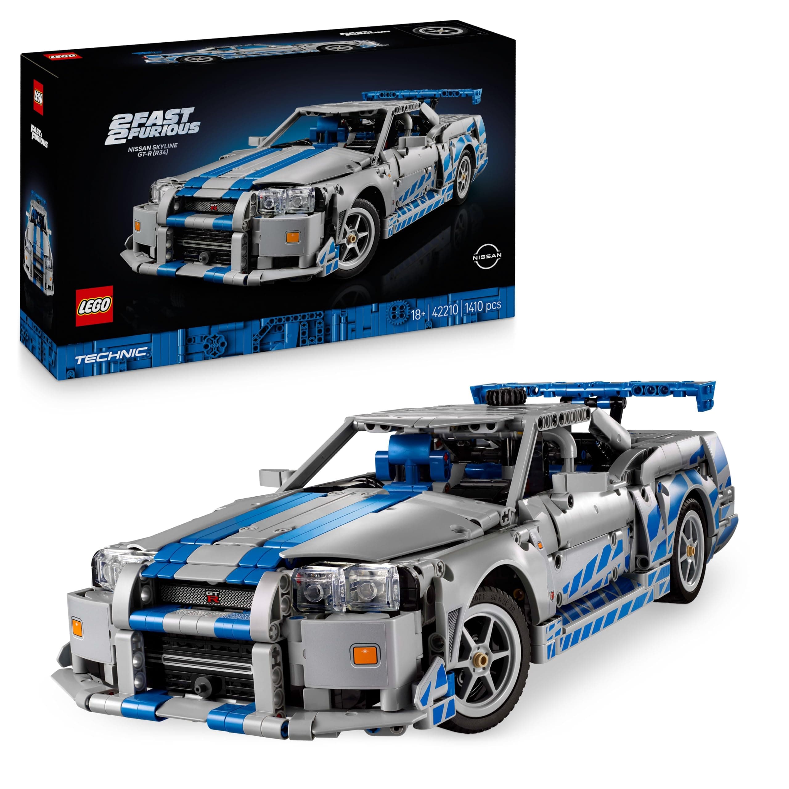 LEGO Technic Coche Nissan Skyline GT-R (R34) de 2 Fast 2 Furious - Kit de Maqueta de Coche para Adultos - Función de Derrape, Dirección, Suspensión y Motor de 6 Cilindros - Regalo para Hombres 42210