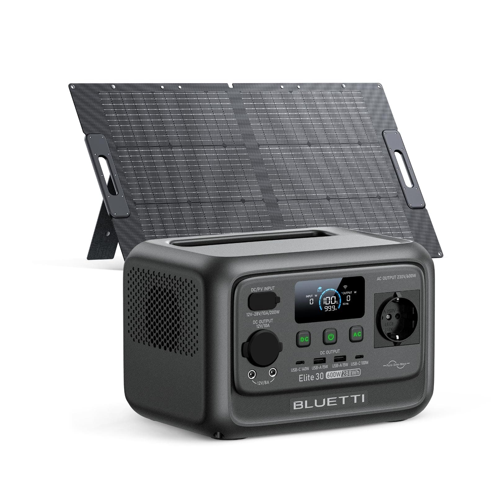 BLUETTI Elite 30 V2 Generador Solar con 100W Panel Solar (Se Envía por Separado), Estación de Energía Portátil LiFePO4 de 288Wh, 600W Toma de CA (1500W Pico), para Camping, Uso Doméstico y Emergencias