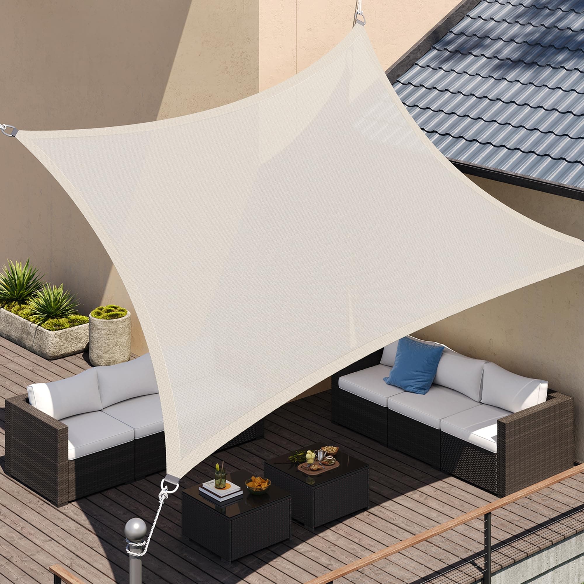 SONGMICS Sonnensegel 3 x 5 m, Sonnenschutz aus HDPE-Gewebe, luftdurchlässig, wasserdurchlässig, für Terrasse, Garten, Balkon, Camping, rechteckig, konkav, 2 m Seile, beige GSS35IVV1001