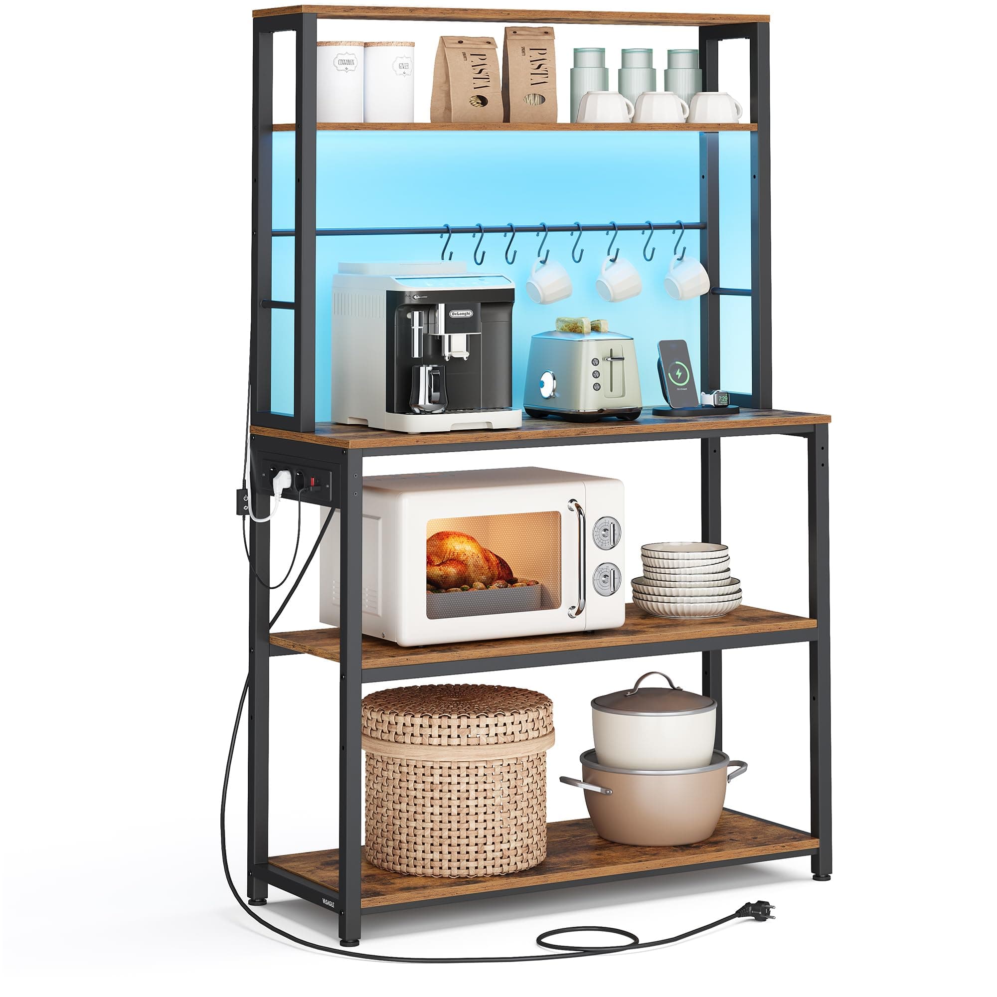 VASAGLE Küchenregal mit LED-Beleuchtung, Standregal mit Steckdosen, Mikrowellen-Regal mit verstellbaren Ablagen, 8 Haken, 40 x 80 x 168,4 cm, vintagebraun-Mattschwarz KKS050KD01