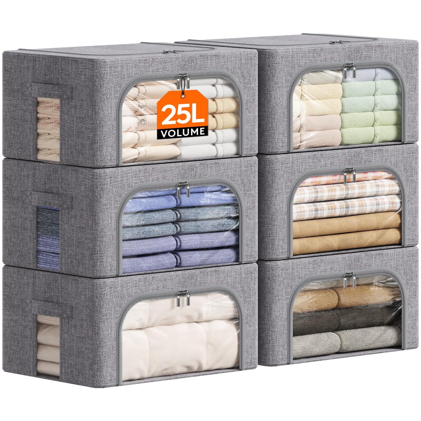 Lifewit 6 pezzi Scatole per Armadio Rigide con Cerniera, Organizzatore Armadio con Struttura in Metallo Pieghevole, Contenitori per Armadio Impilabili per Vestiti, Trapunte, Piumone, Grigio, 25L