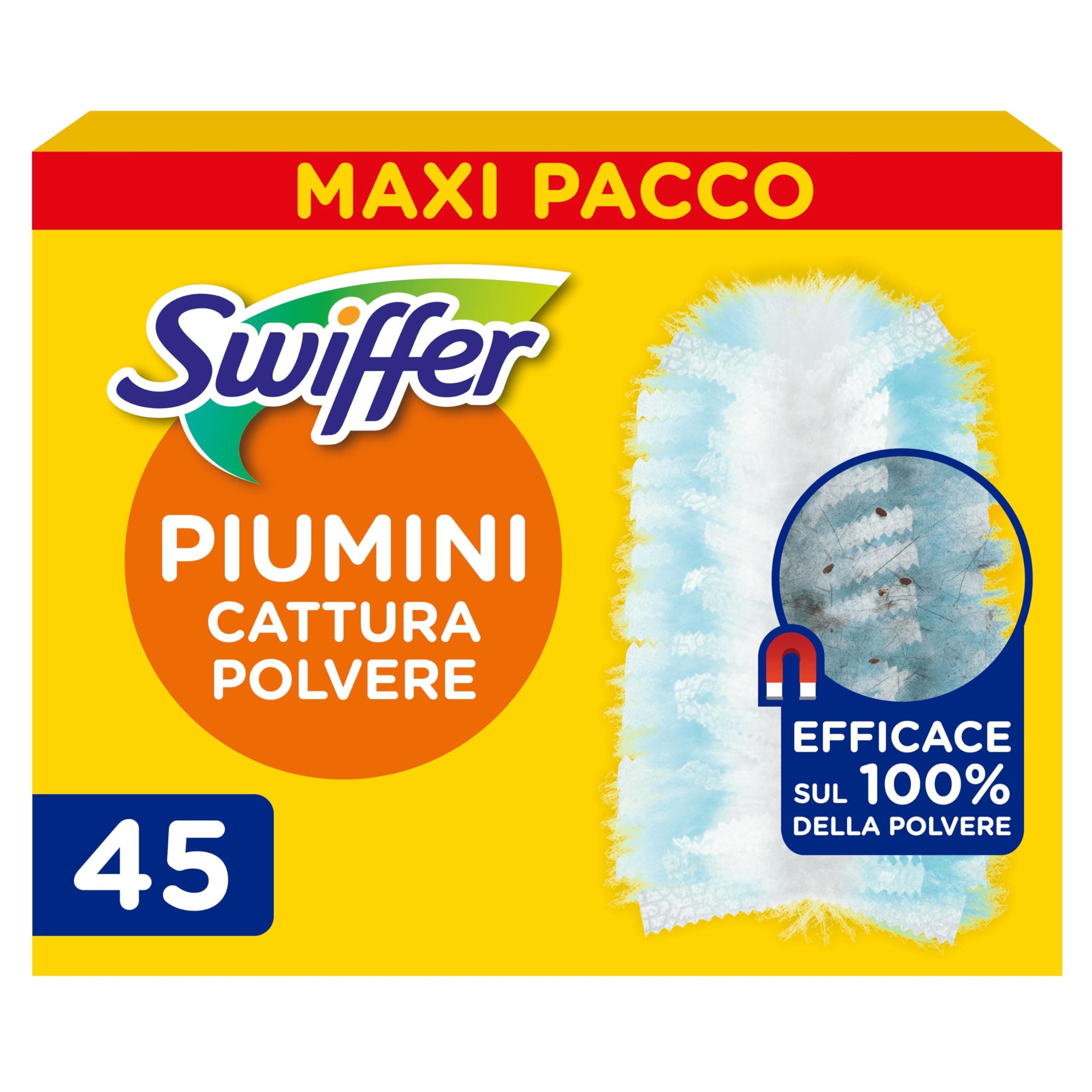 Swiffer Duster Piumini Cattura Polvere, 45 Piumini, Cattura e Intrappola Polvere e Sporco, Raggiunge I Punti più Difficili della Casa, Giga Formato