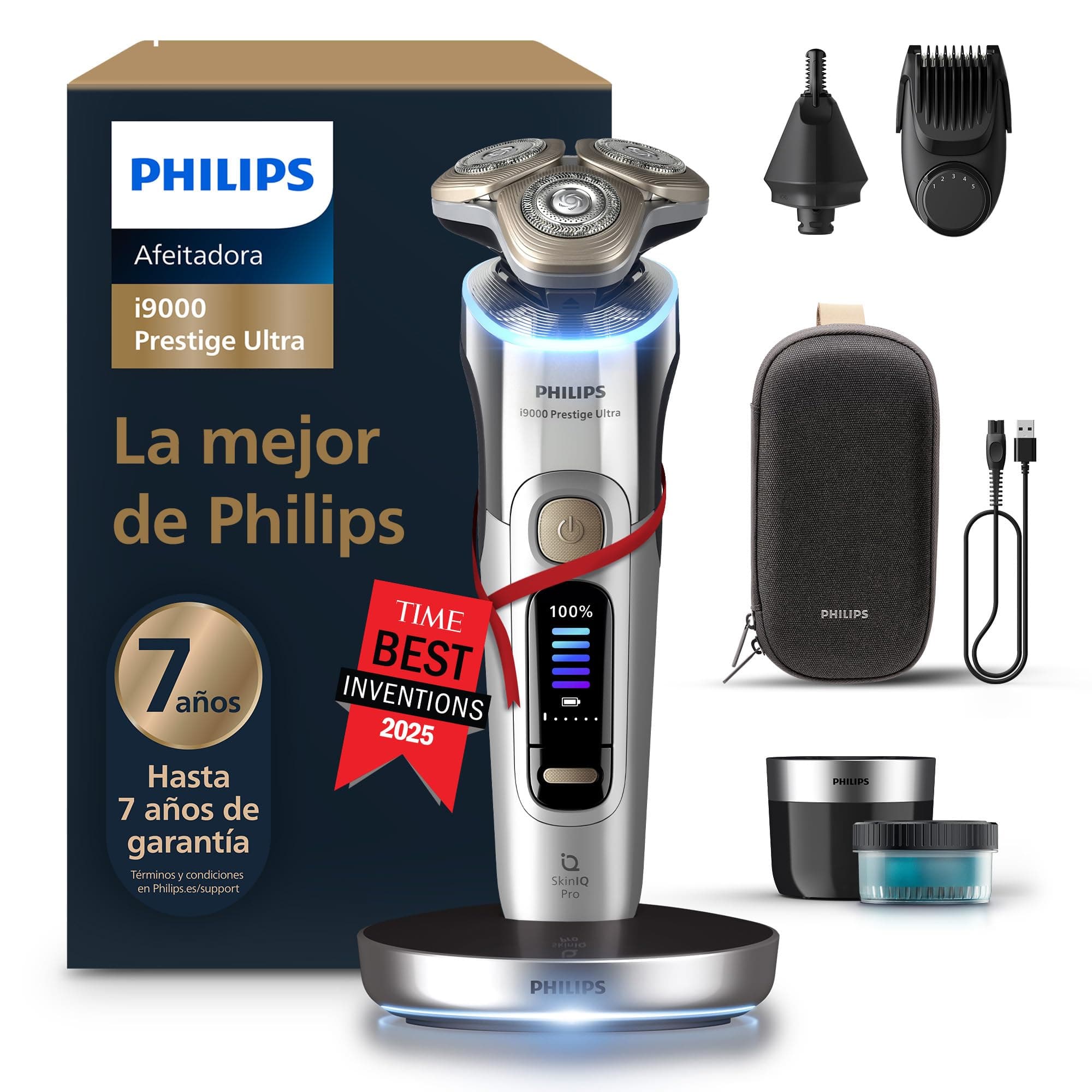Philips i9000 Prestige Ultra, Afeitadora Eléctrica Hombre, Máquina de Afeitar Barba Seco y Húmedo, SkinIQ Pro, Base de Carga, Recargable, Estuche, Centro de limpieza, Recortador, Naricero, XP9404/38