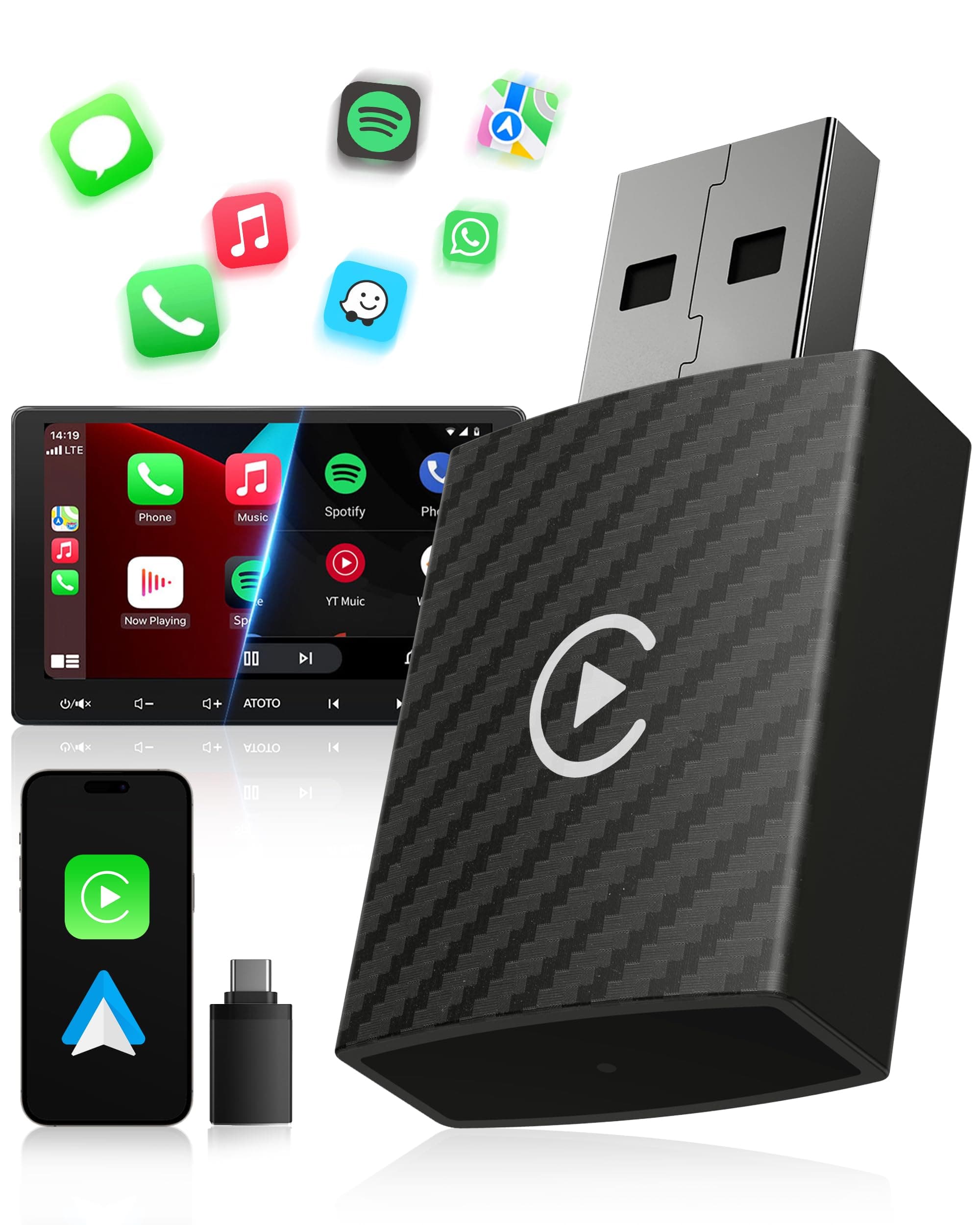 Adattatore CarPlay Wireless e Android Auto Wireless, Navigatore GPS Auto | Bluetooth V5.3 Connessione Stabile, WiFi 6 ad Alta Velocità, Plug & Play, per Apple iPhone iOS 10+ & Smartphone Android 11+