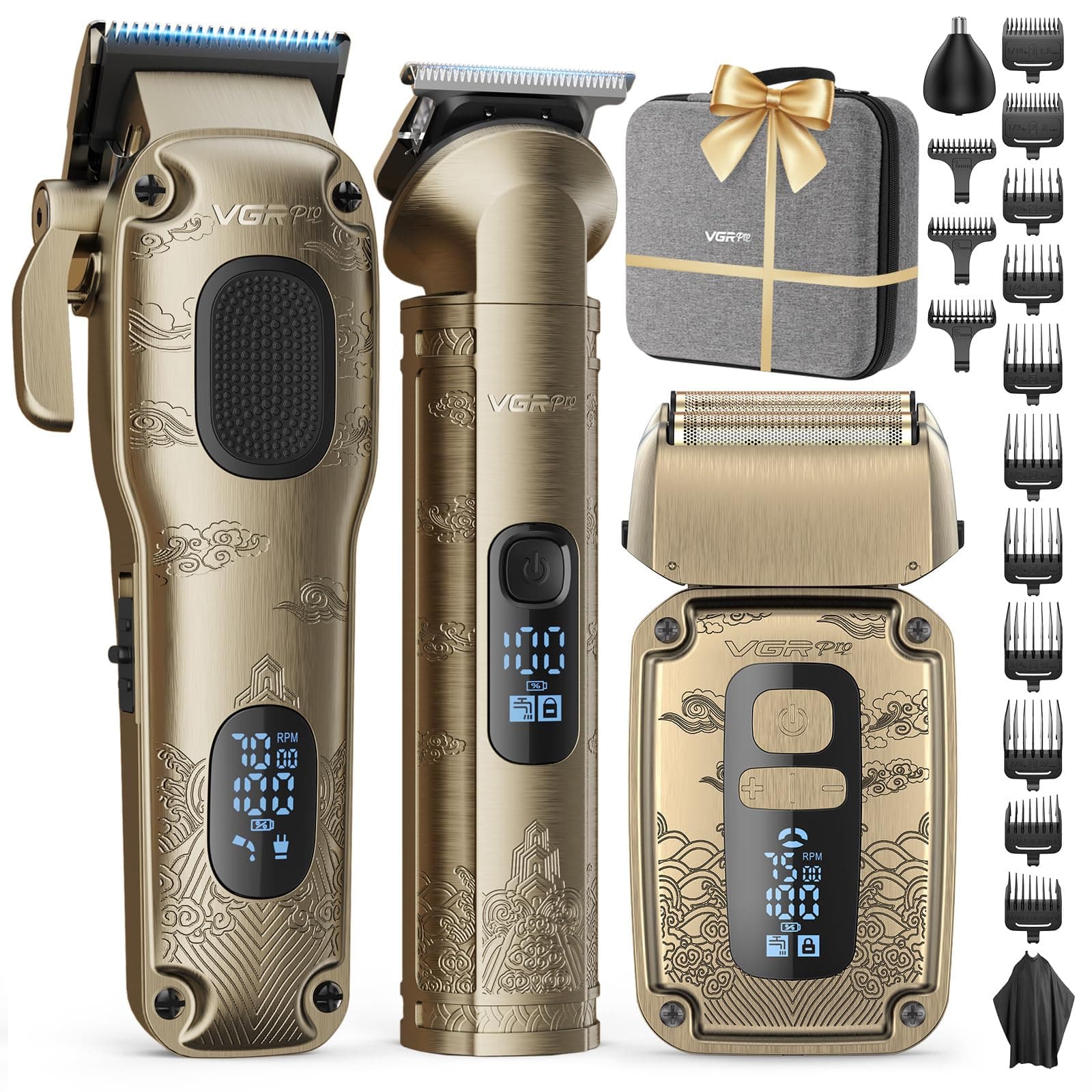 VGRPRO Set Máquina de Cortar Pelo Hombre y Trimmer y Afeitadora, Kit Hombre | Sin Cable Cortapelos Hombre,14 peines, Configuración de 4 Velocidades, Pantalla LED de Batería, Uso de Barbero & doméstico