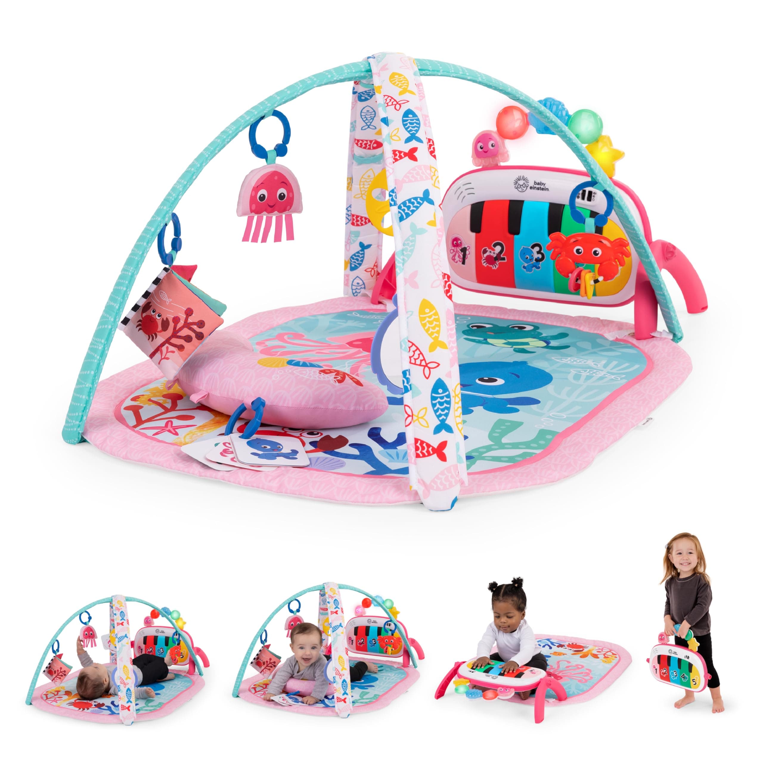 Baby Einstein, Gimnasio Bebé Ocean Explorers 4-en-1 - Alfombra Bebé Juegos con Kick Piano, Música & Descubrimiento de Idiomas, Juguetes Sensoriales, Recién Nacido +, Rosa