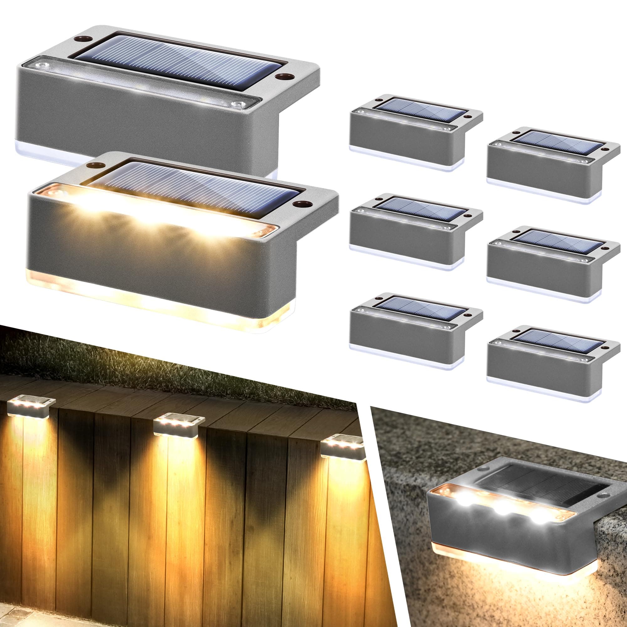 Solpex 8 lámparas solares para exteriores, luz blanca cálida, luces solares impermeables, iluminación LED para escaleras exteriores, escalones, vallas, jardín, patio, patio, canalón (gris)