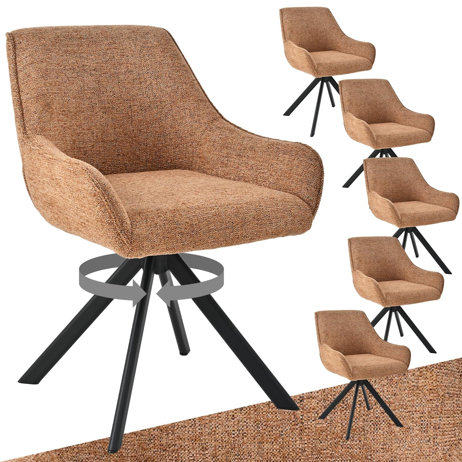 Goeurvant Chaises de Salle à Manger Pivotantes 360°avec Accoudoirs Lot de 6, Chaise Rembourrée en Chenille, Fauteuil Moderne avec Pieds Métal Noir, Chaise Cuisine/Bureau/Salon, Camel
