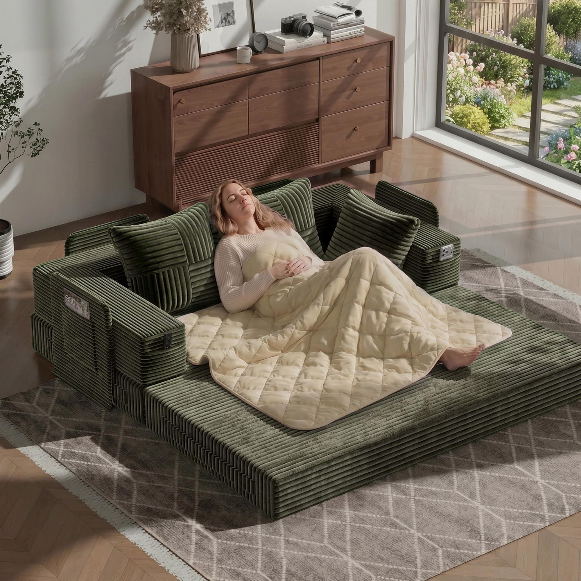 Fabulcozy 2en 1 Canapé-Lit avec Accoudoirs de Rangement – Velours Côtelé Haut de Gamme, Design Compact pour Studio & Salon, Couverture Amovible et Lavable Inclus