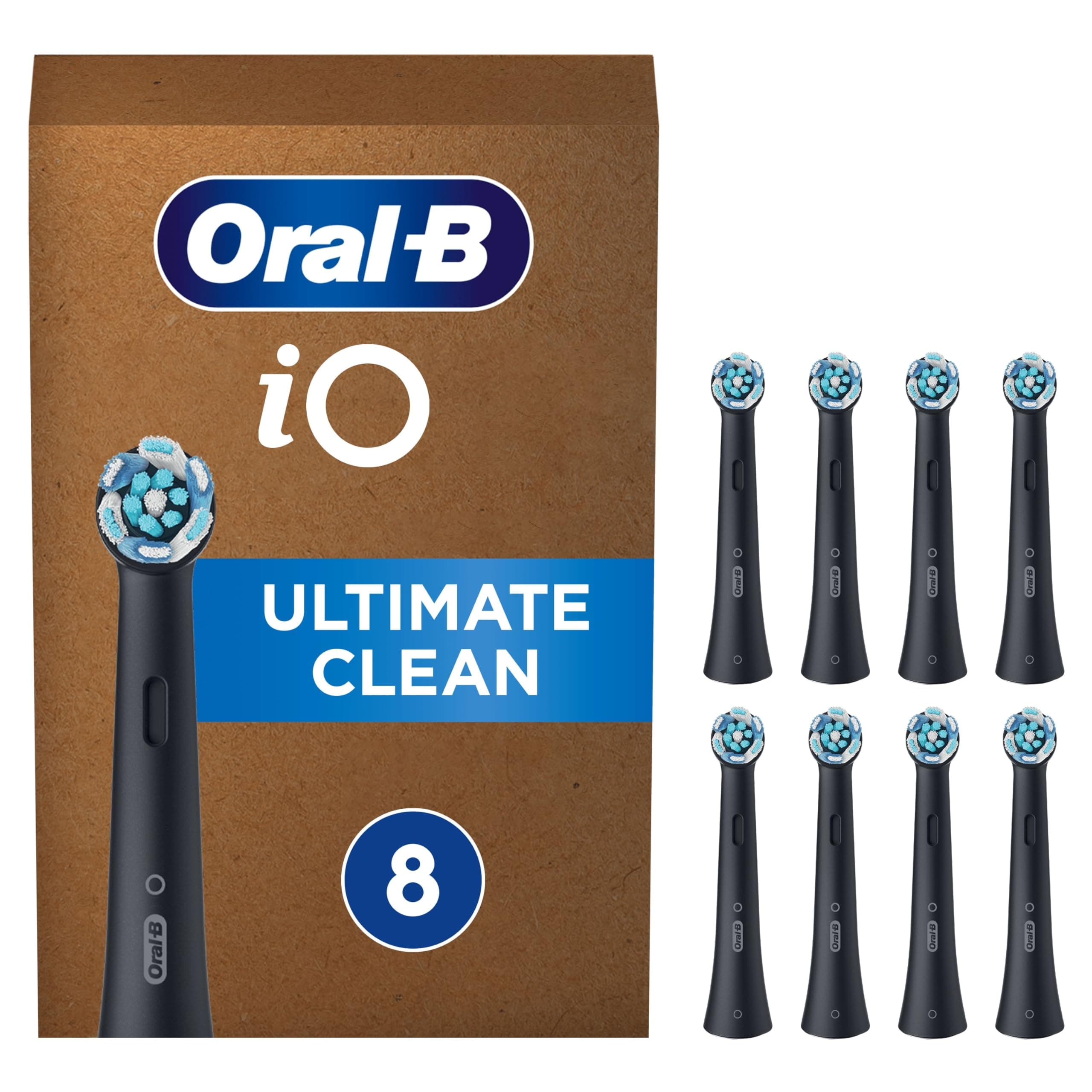 Oral-B Brossettes de Rechange Ultimate Clean, lot de 8, Noires | Recharges Brosse à Dents Électrique iO, pour Adultes, Tête Ronde pour un Brossage en Profondeur, Emballage en Carton
