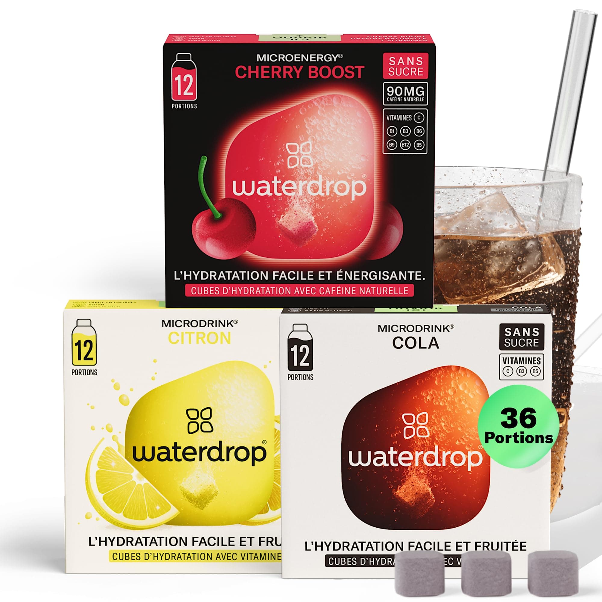 waterdrop® Microdrink Coffret Boissons Gazeuses - Cola, Cerise & Citron, 36 Boissons en Cubes Effervescentes en 3 Saveurs, Enrichi en Vitamines, Boisson Sans Sucre, Eau Aromatisée en Pastille