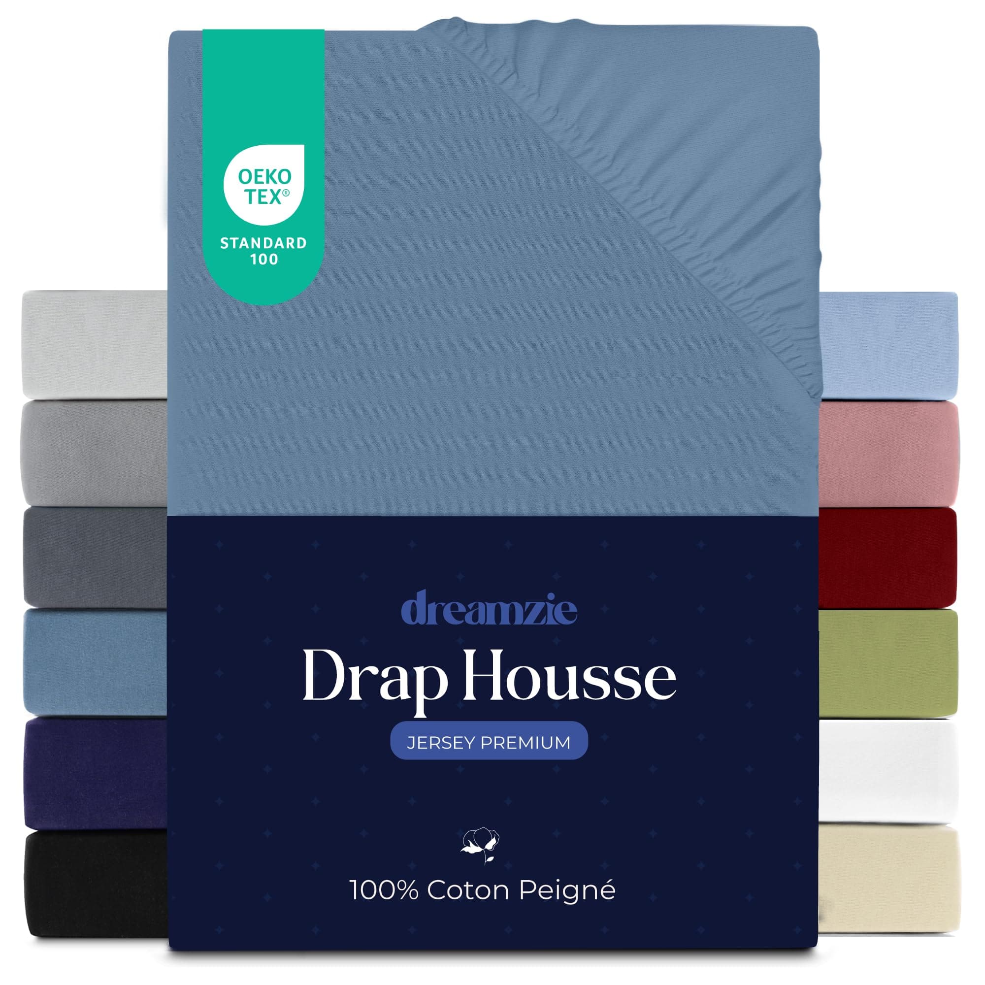 Dreamzie Drap Housse 160x200 cm, Jersey 100% Coton Premium, Hauteur De Matelas Jusqu'à 27 cm, Hypoallergénique, Oeko-Tex, Bleu