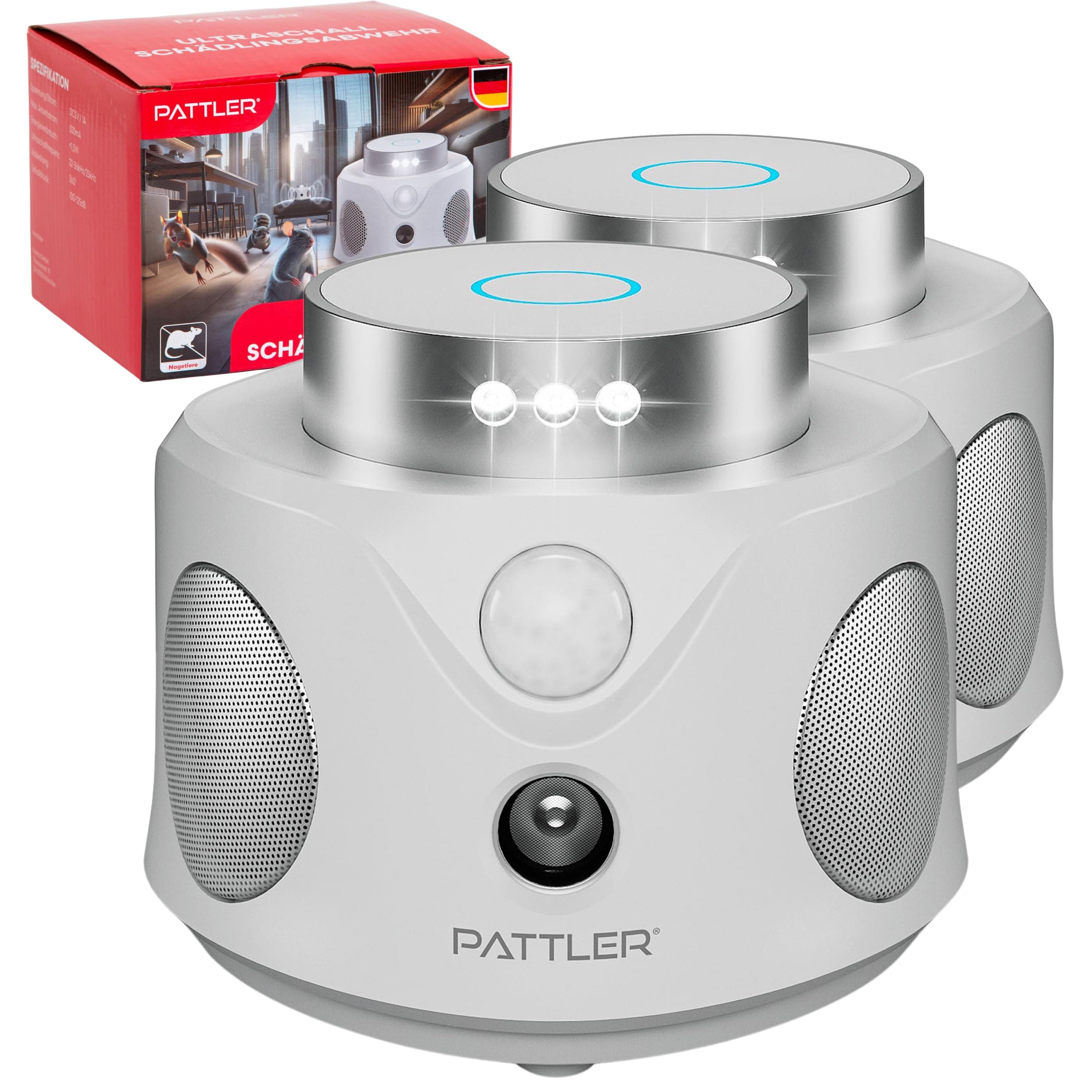 PATTLER Dissuasore per Topi ad Ultrasuoni, Repellente Ultrasuoni Topi, Ultrasuoni per Topi a 360°, Ultrasuoni per Topi da Esterno e da Interno, Scaccia Topi, Pest Reject, Dissuasori per Topi