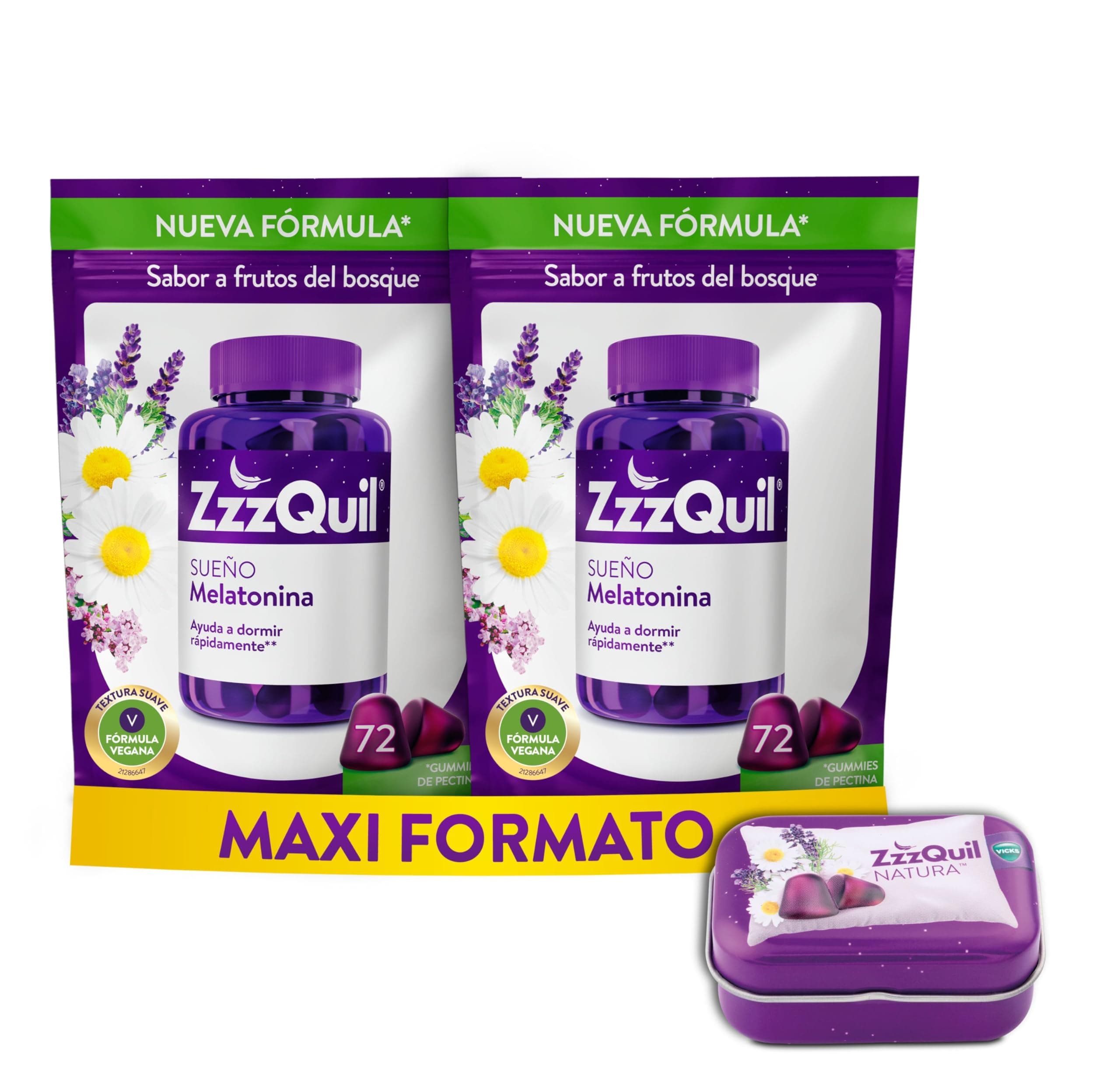 ZzzQuil Sueño, Gummies de Melatonina para Dormir, Ayuda a Dormir Rápidamente*, Sabor Frutos del Bosque, Fórmula Vegana, 2x72 Gummies y Cajita de Viaje