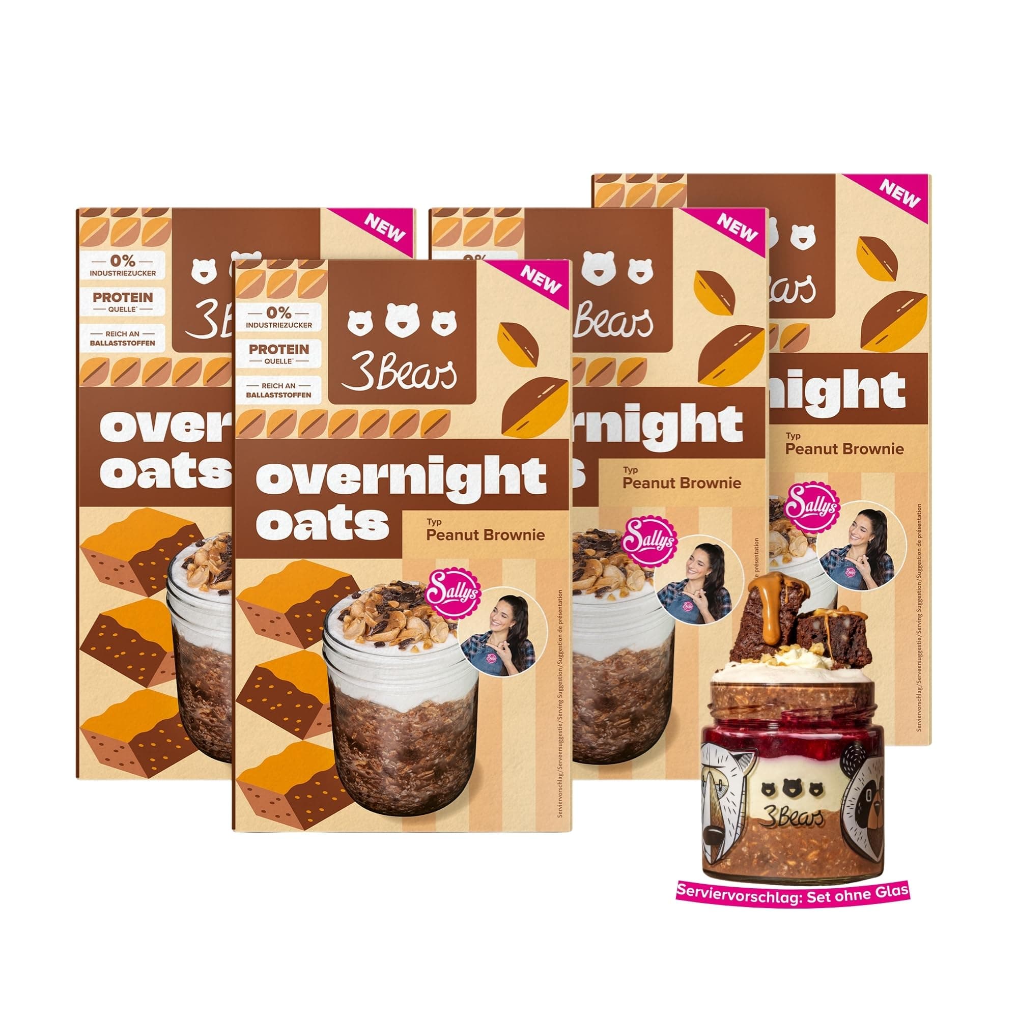 3Bears Overnight Oats Sallys Peanut Brownie (4x400g) – vegane Haferflocken Mischung mit gerösteten Nüssen – Frühstücks Müsli ohne Industriezucker – einfache Zubereitung – Kooperation mit Sallys Welt