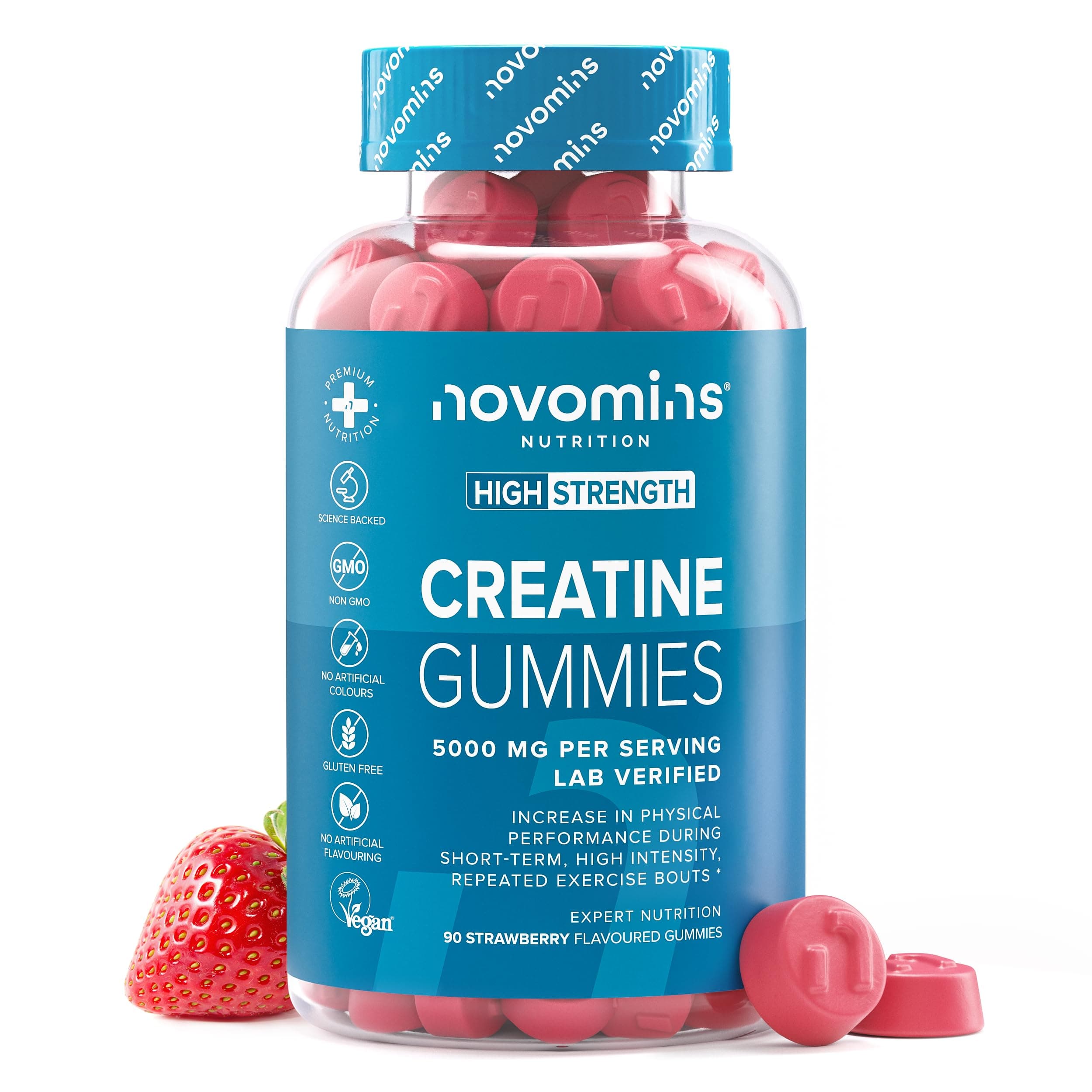 Creatina Gominolas – 5000 mg de Creatina Monohidratada por Porción – Alternativa a las Creatine Monohydrate Capsulas y Polvo – Para el Rendimiento Fisico y el Pre Workout – 90 Gominolas – Novomins