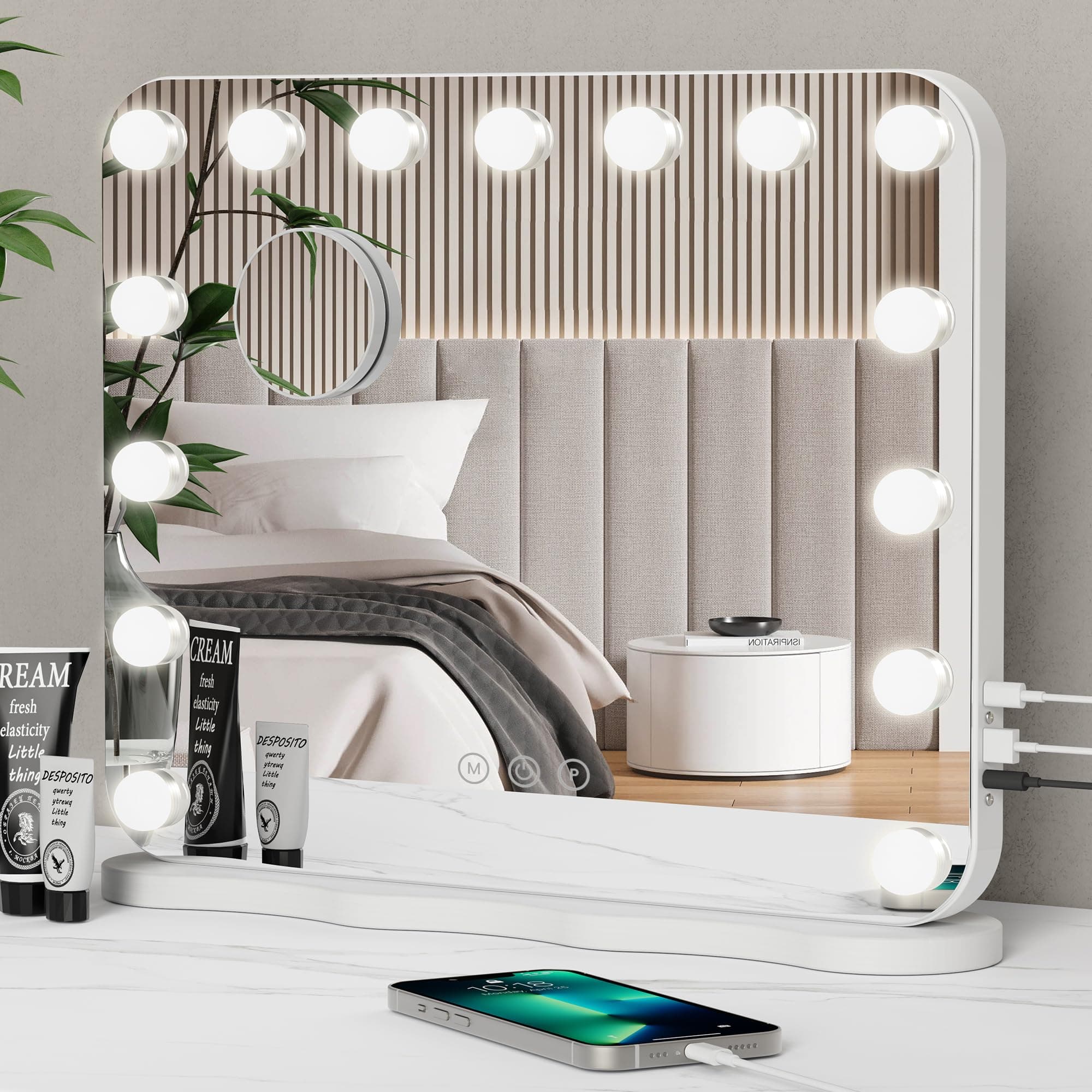 Pureglow Miroir Hollywood LED 58×45 cm – Miroir de Maquillage avec 15 Ampoules Dimmables, 3 Modes d’Éclairage, Commande Tactile, Sortie USB/Type-C, Table ou Murale