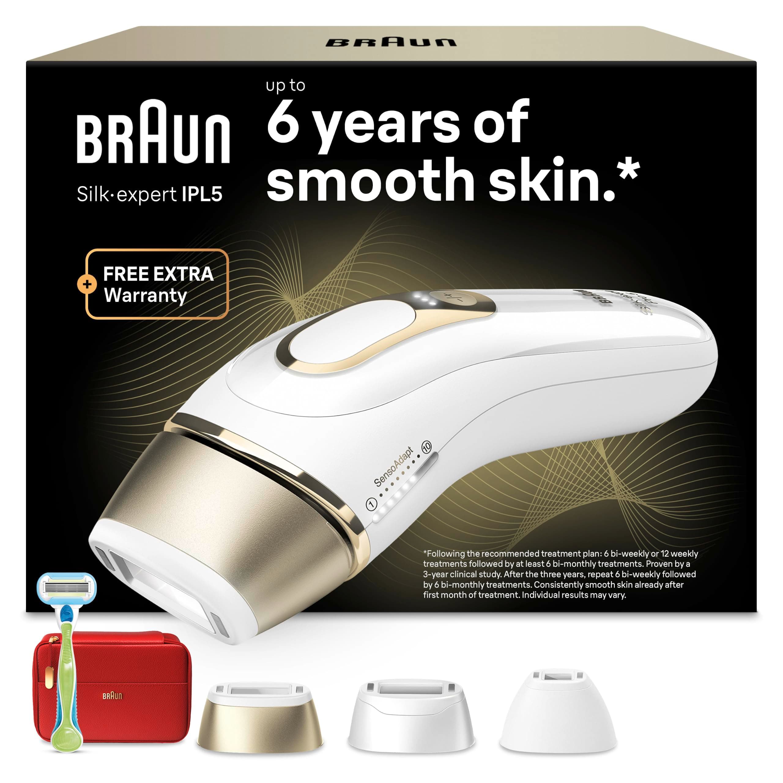 Braun IPL Geräte Haarentfernung Silk·expert Pro 5, PL5262, Weiß/Gold | Alternative Laser Haarentfernung für Zuhause, Dauerhafte Haarentfernung, Inkl. Etui, Gillette Venus Rasierer Und 3 Aufsätze