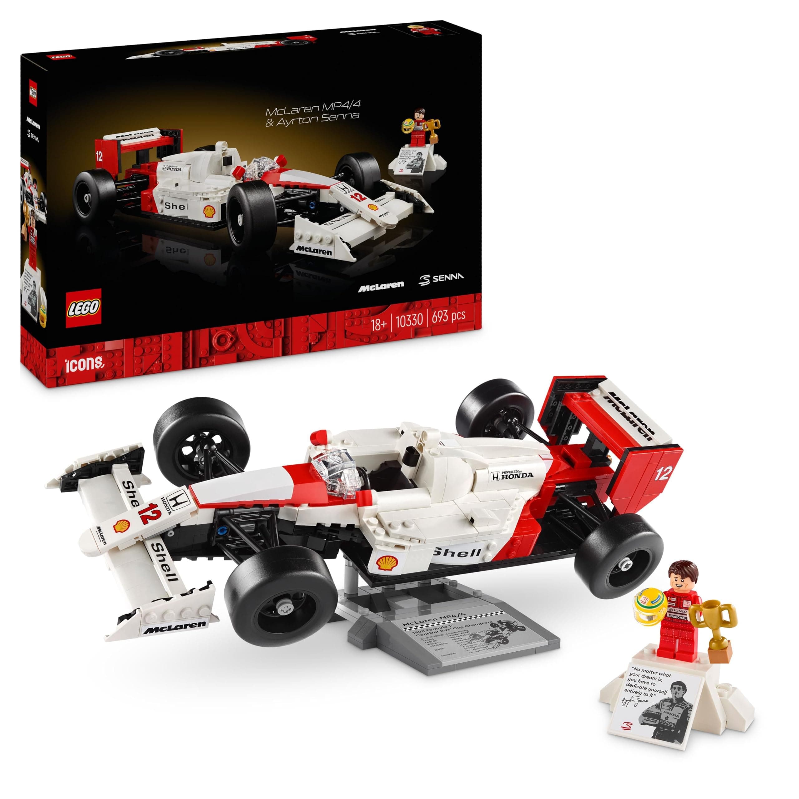 LEGO Icons McLaren MP4/4 et Ayrton Senna, Set de Construction F1 pour Adultes, avec Une Minifigurine, Idée Cadeau pour Un Anniversaire pour Fans de Modèles Réduits de Voiture de Course 10330