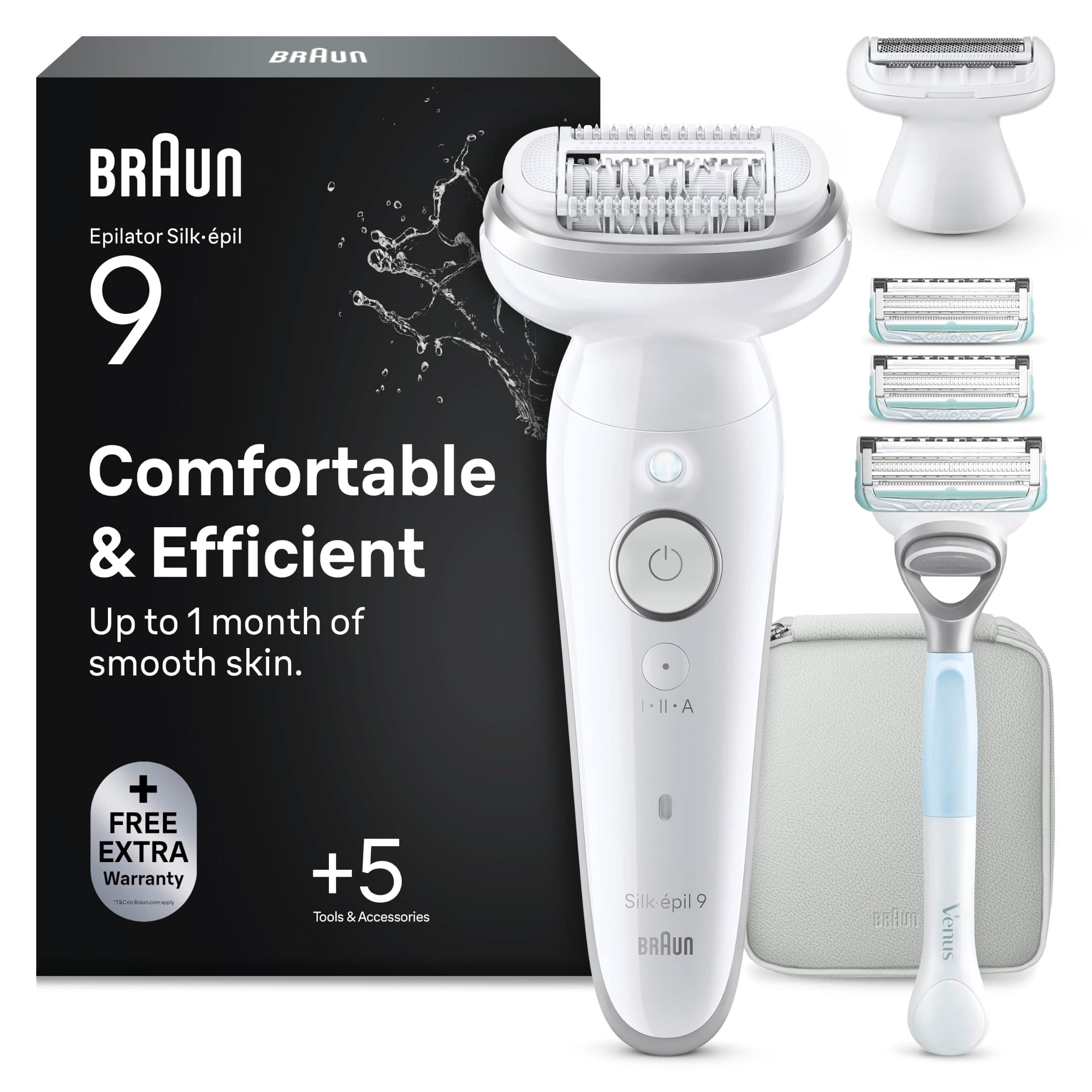 Braun Epilateur Electrique Femme Silk Epil 9, 9-130, Blanc et Rose Quartz | Etanche, sans Fil, Tête Pivotante, Coffret avec Embout de Rasoir, Sabot Tondeuse, Manche et Cartouche Gillette Venus