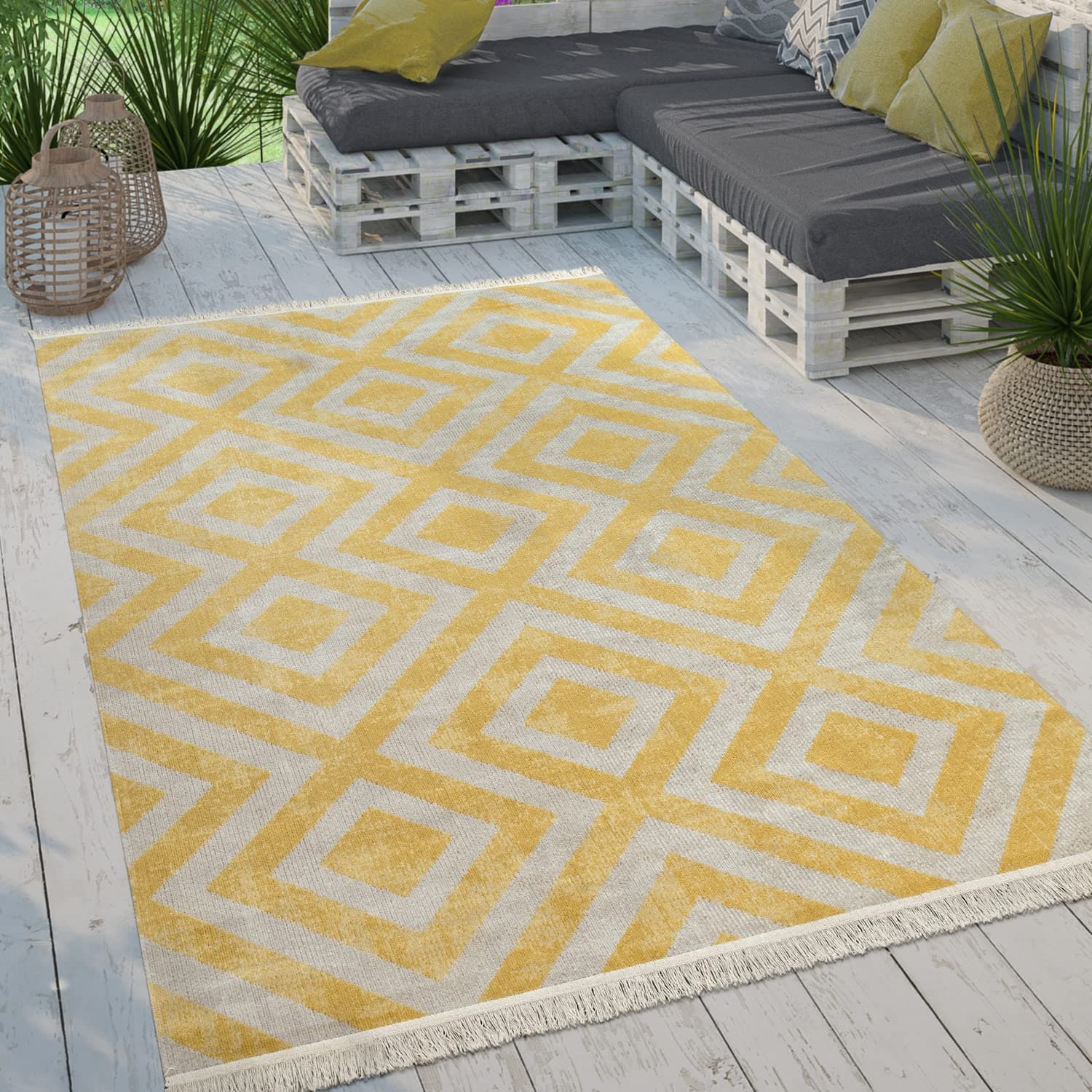 Paco Home Moderner Outdoor Teppich Geometrisches Rauten-Muster im Vintage-Look Flachgewebe Wetterfest & Pflegeleicht für Garten, Terrasse & Balkon, Grösse:80x150 cm, Farbe:Gelb-Weiß