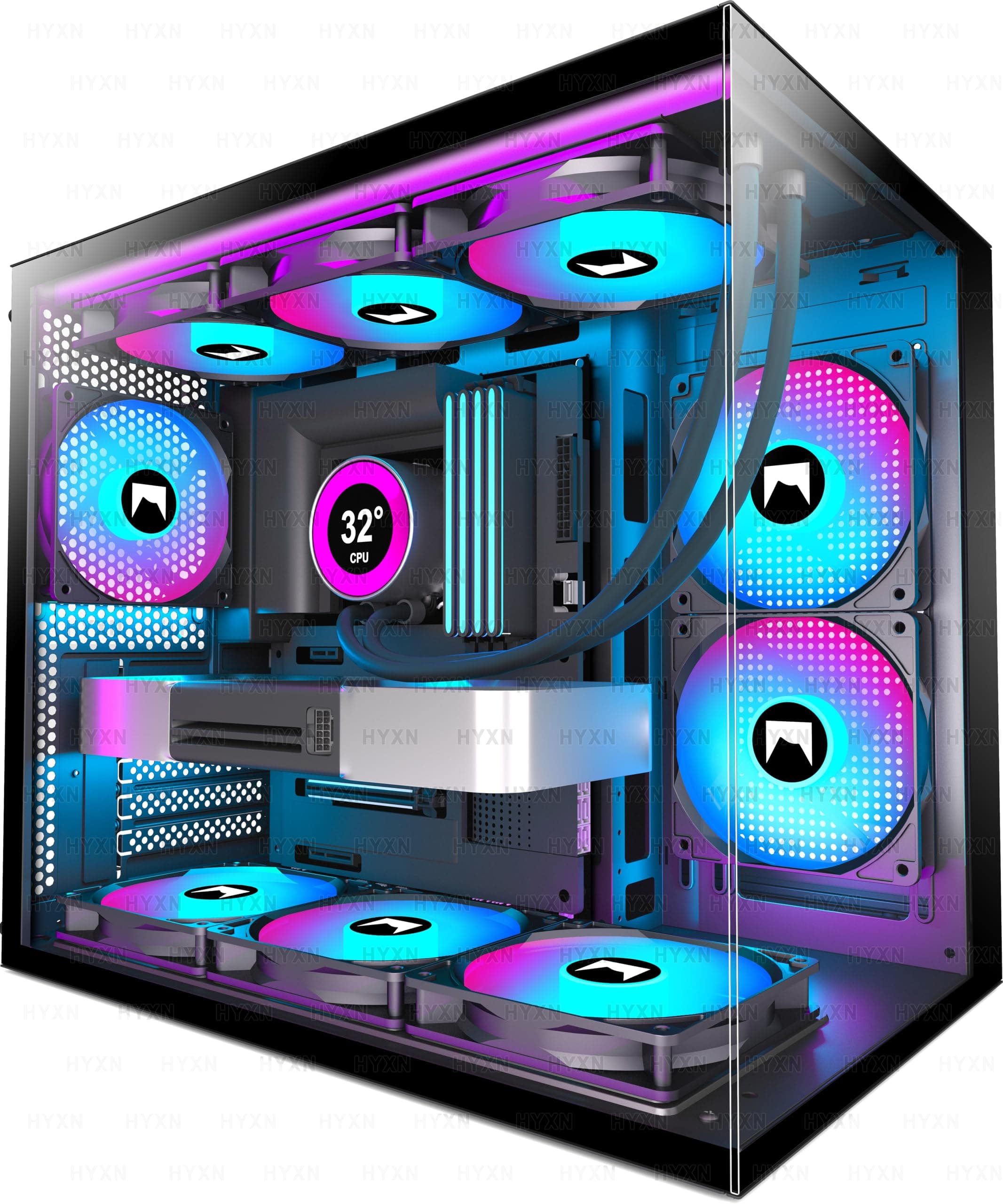 HYXN H3 ATX Boitier PC – 3 Ventilateurs ARGB préinstallés, Supporter radiateur 360 mm,Boîtier PC ATX à Double Chambre Mid Tower, avec Type -C 3.2 (Noir-3, H3)