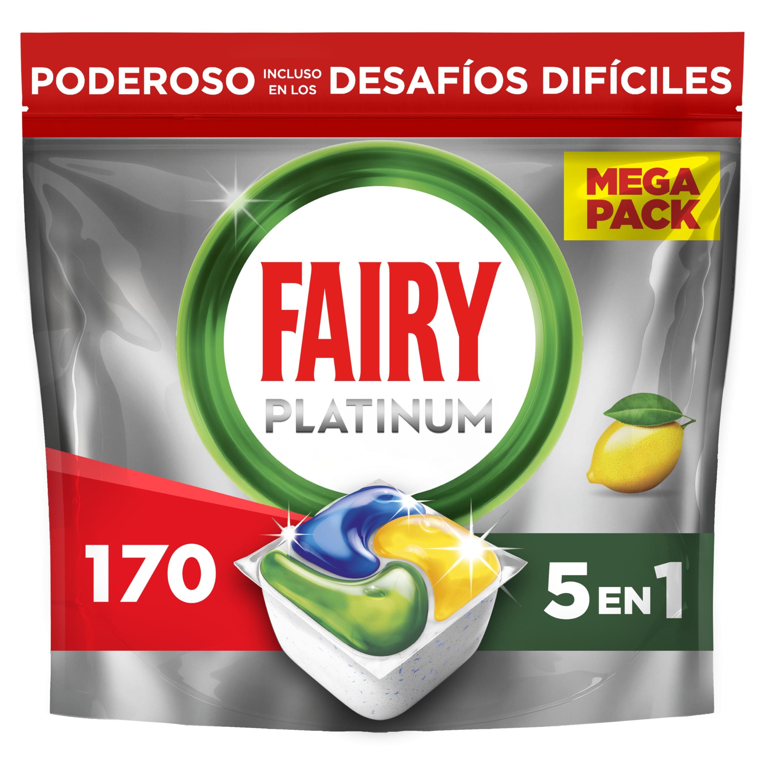 Fairy Platinum Limón, Cápsulas De Lavavajillas Todo En Uno, 170 Cápsulas, Para Los Restos Más Difíciles, Limpia Incluso La Grasa De Los Filtros